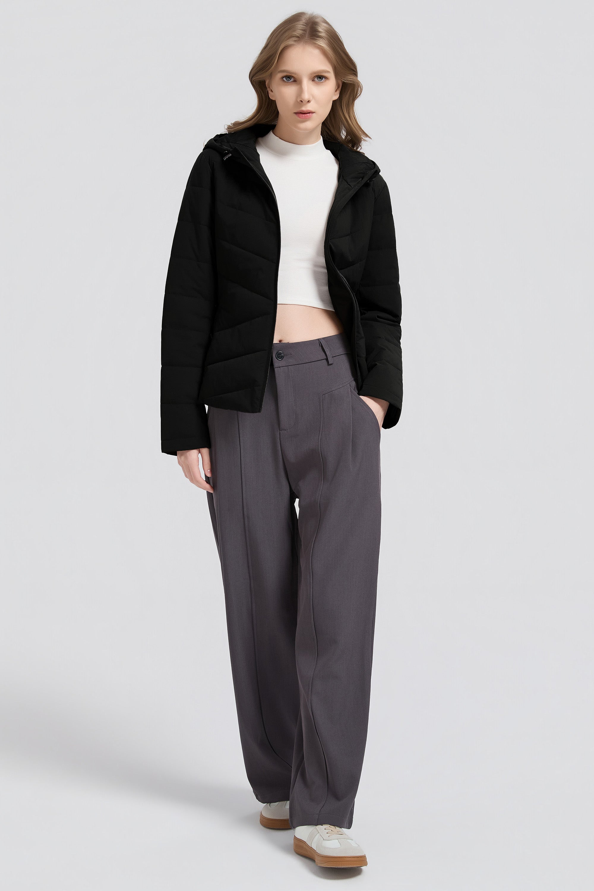 Flattering Quilted Puffer Lightweight Jacket with Hood #color_black