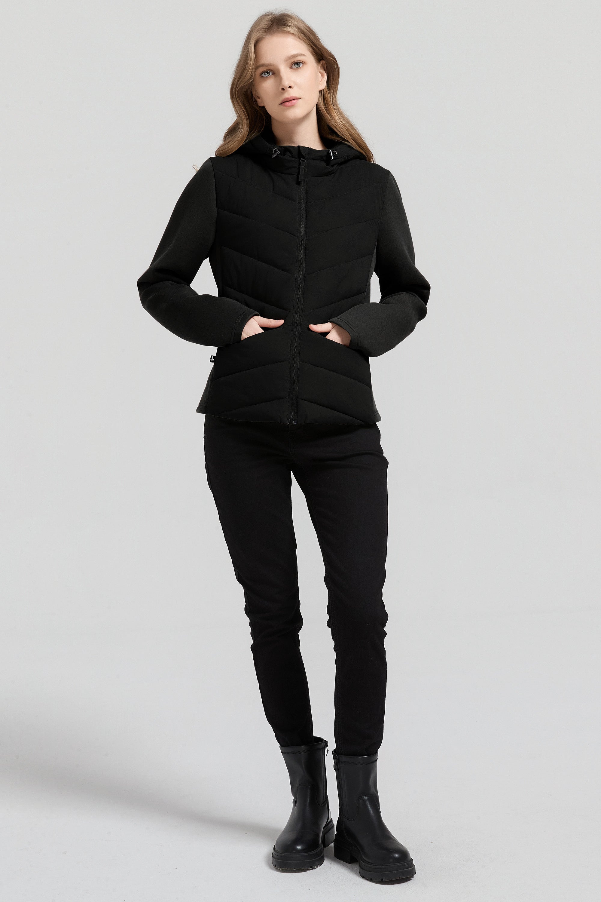 Structured Paneled Puffer Jacket with Hood #color_black