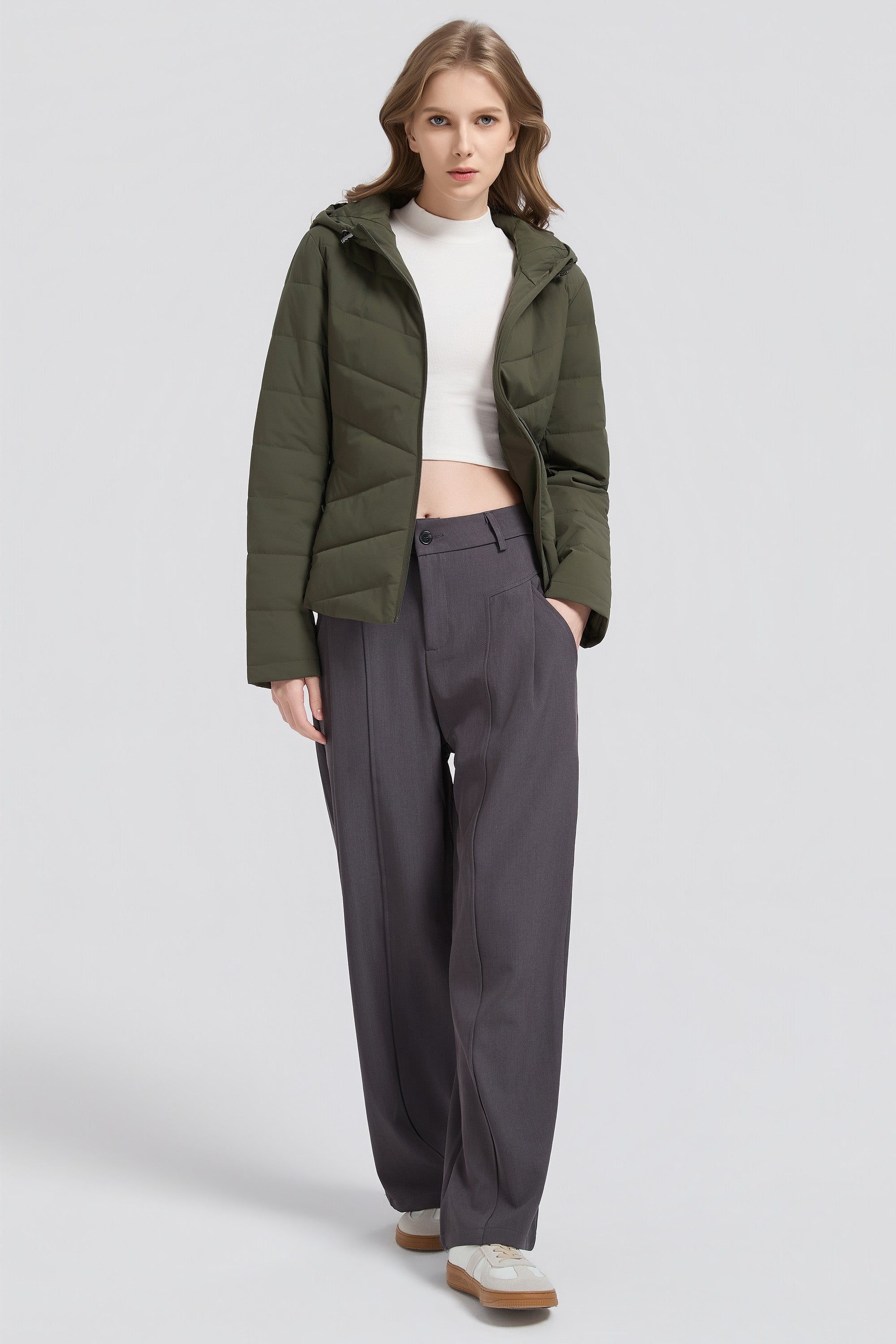 Flattering Quilted Puffer Lightweight Jacket with Hood #color_olive