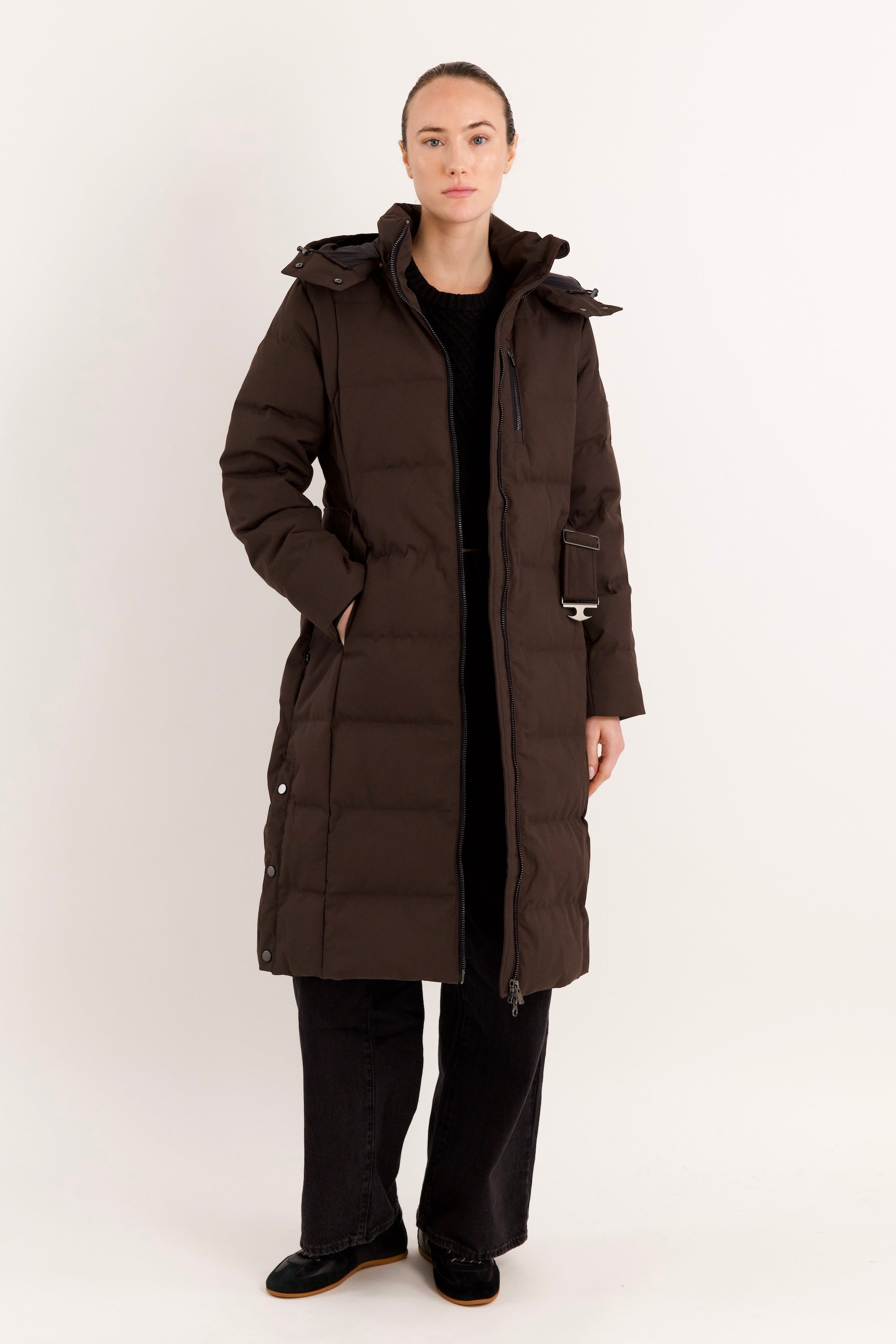Full-Length Belted Hooded Down Jacket Orolay #color_coffee