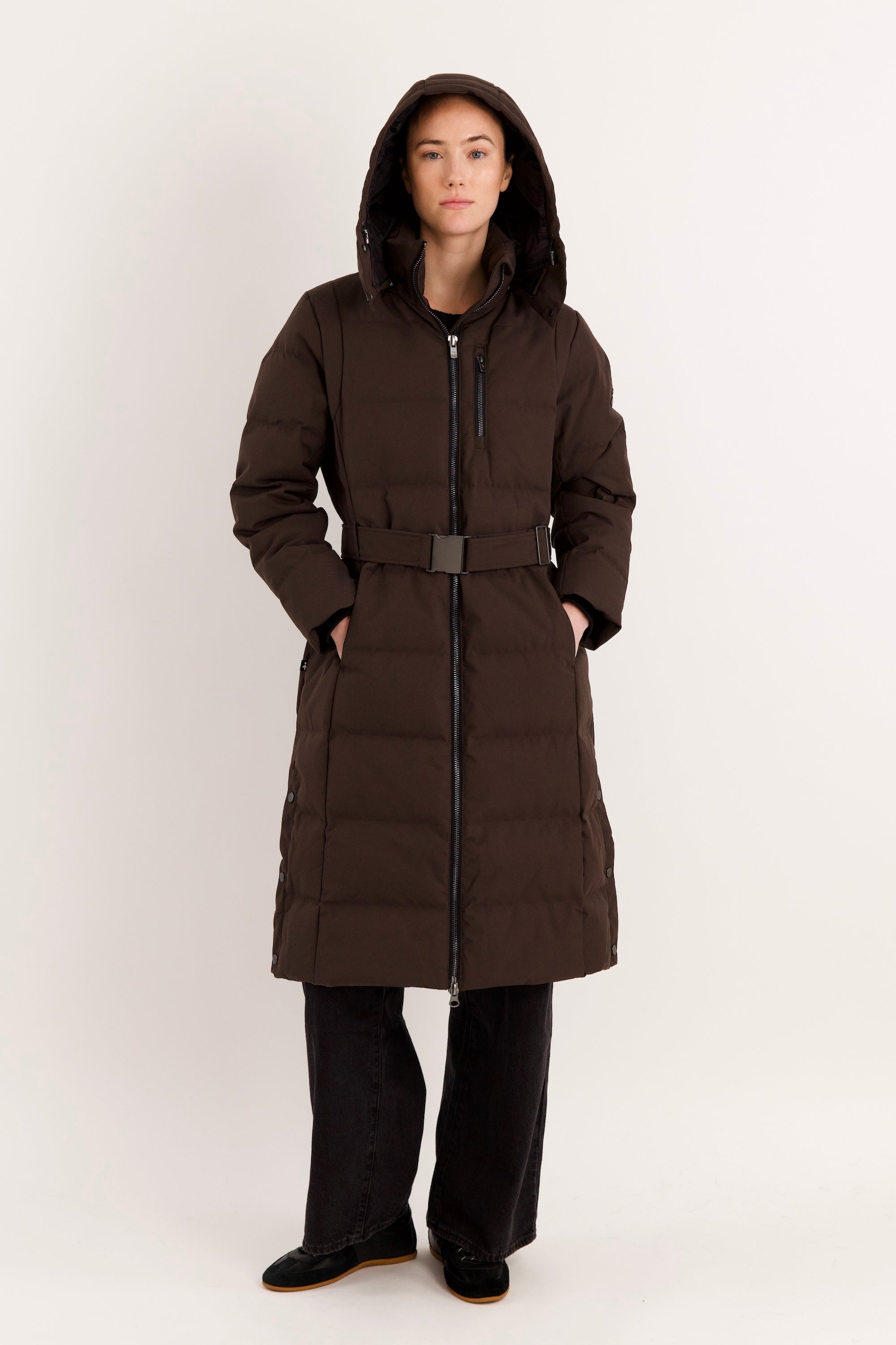 Full-Length Belted Hooded Down Jacket Orolay #color_coffee