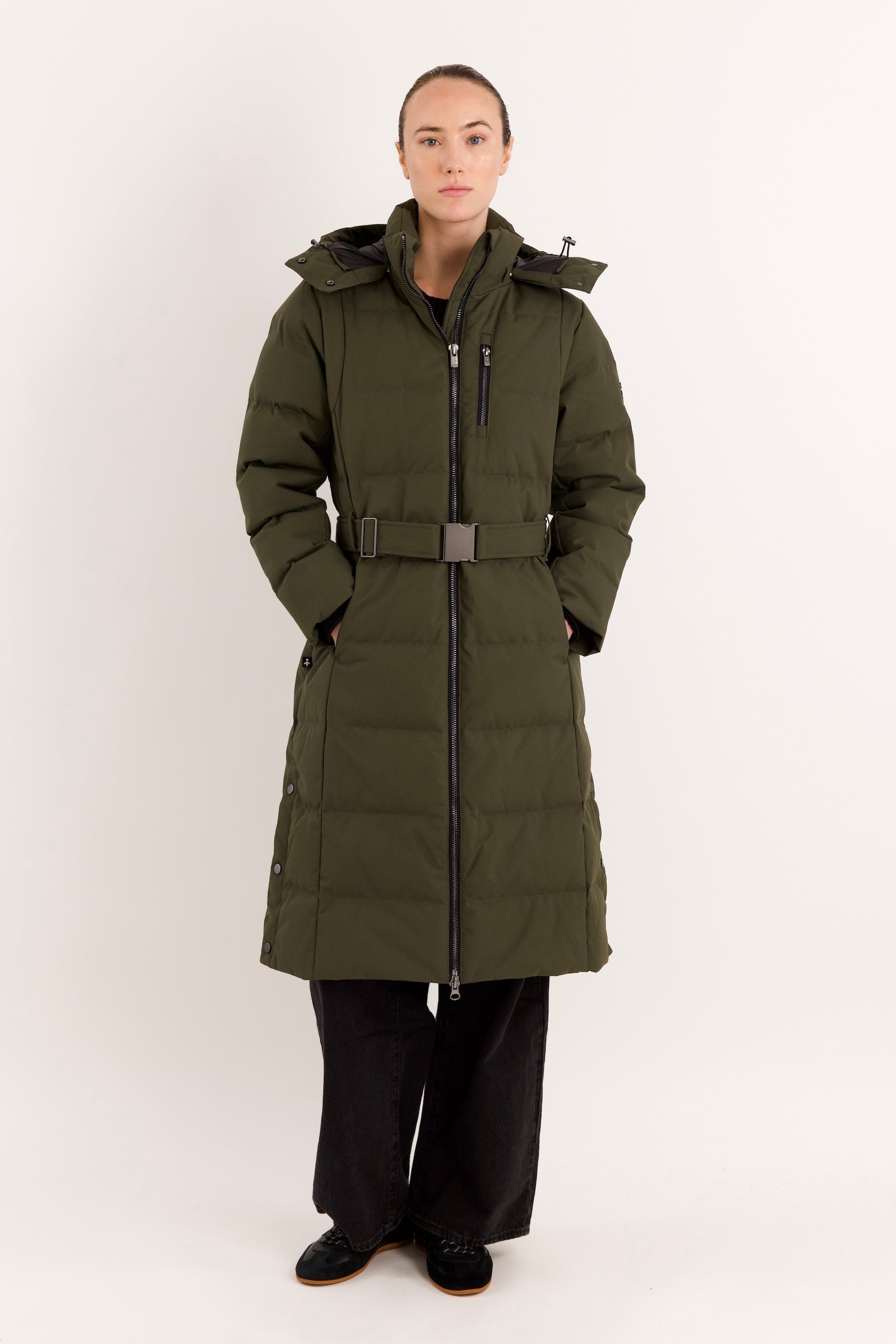 Full-Length Belted Hooded Down Jacket Orolay #color_olive