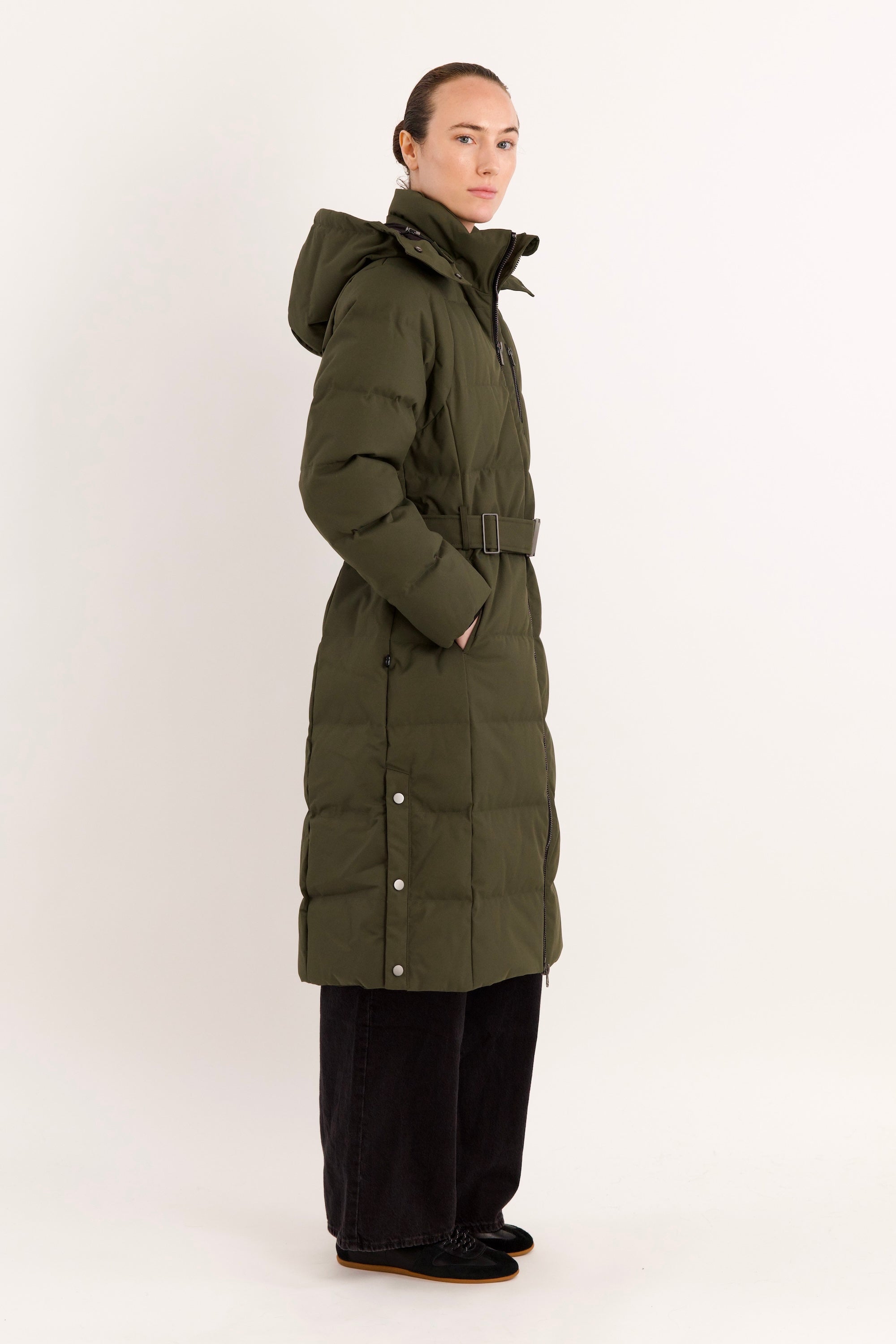 Full-Length Belted Hooded Down Jacket Orolay #color_olive
