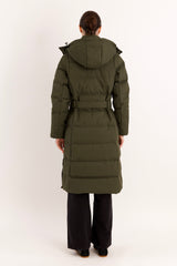 Full-Length Belted Hooded Down Jacket Orolay #color_olive