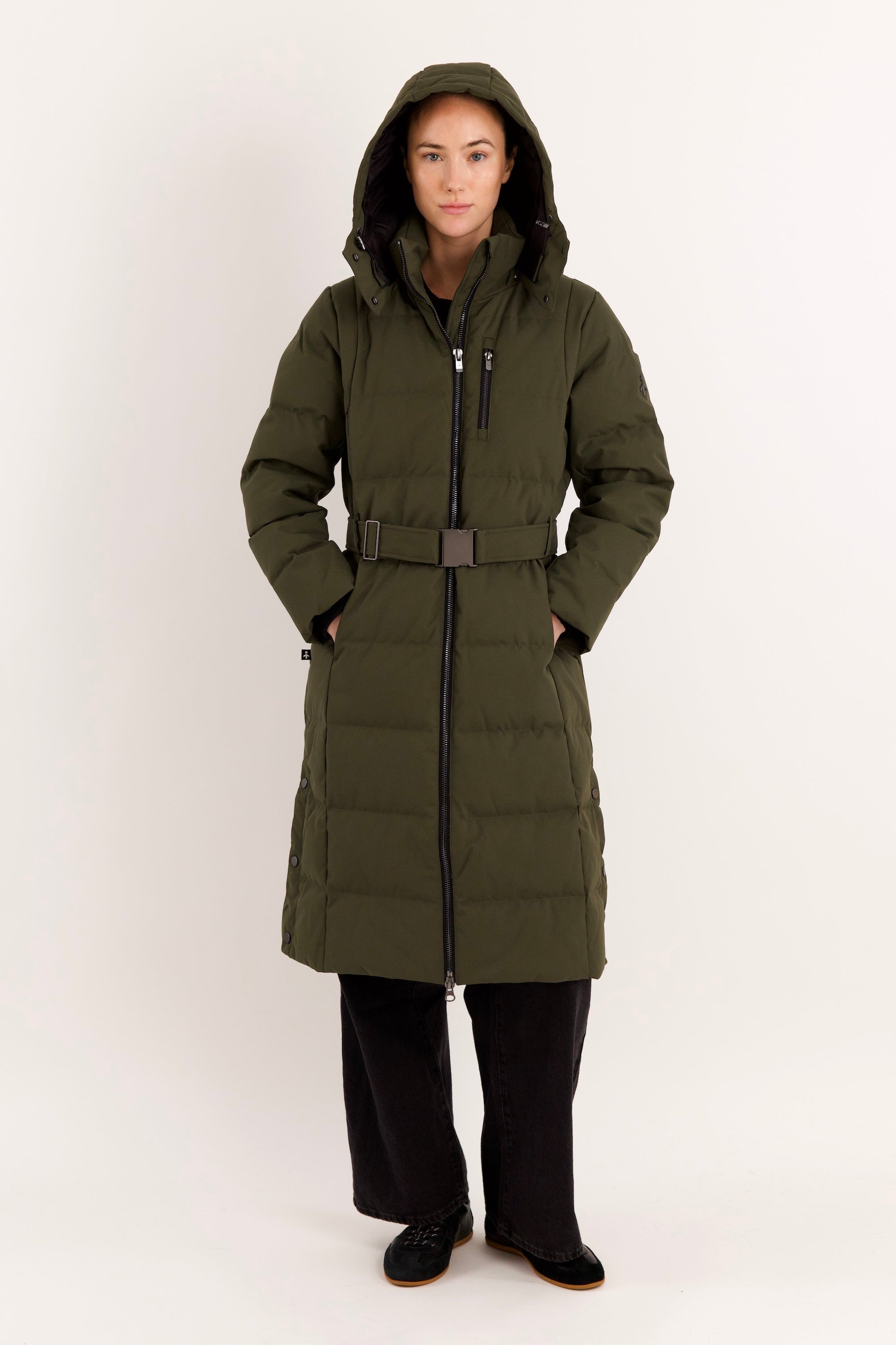 Full-Length Belted Hooded Down Jacket Orolay #color_olive