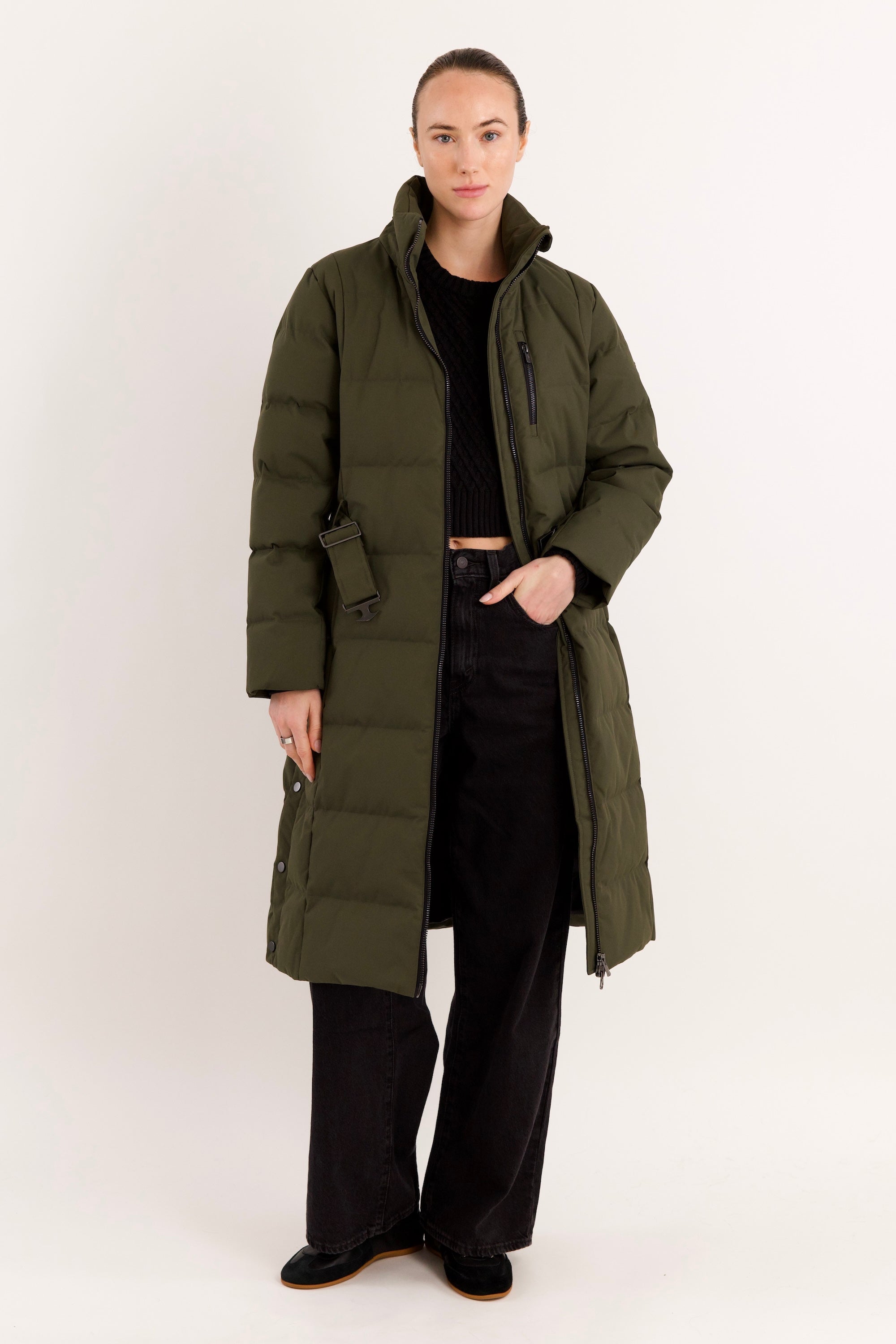 Full-Length Belted Hooded Down Jacket Orolay #color_olive