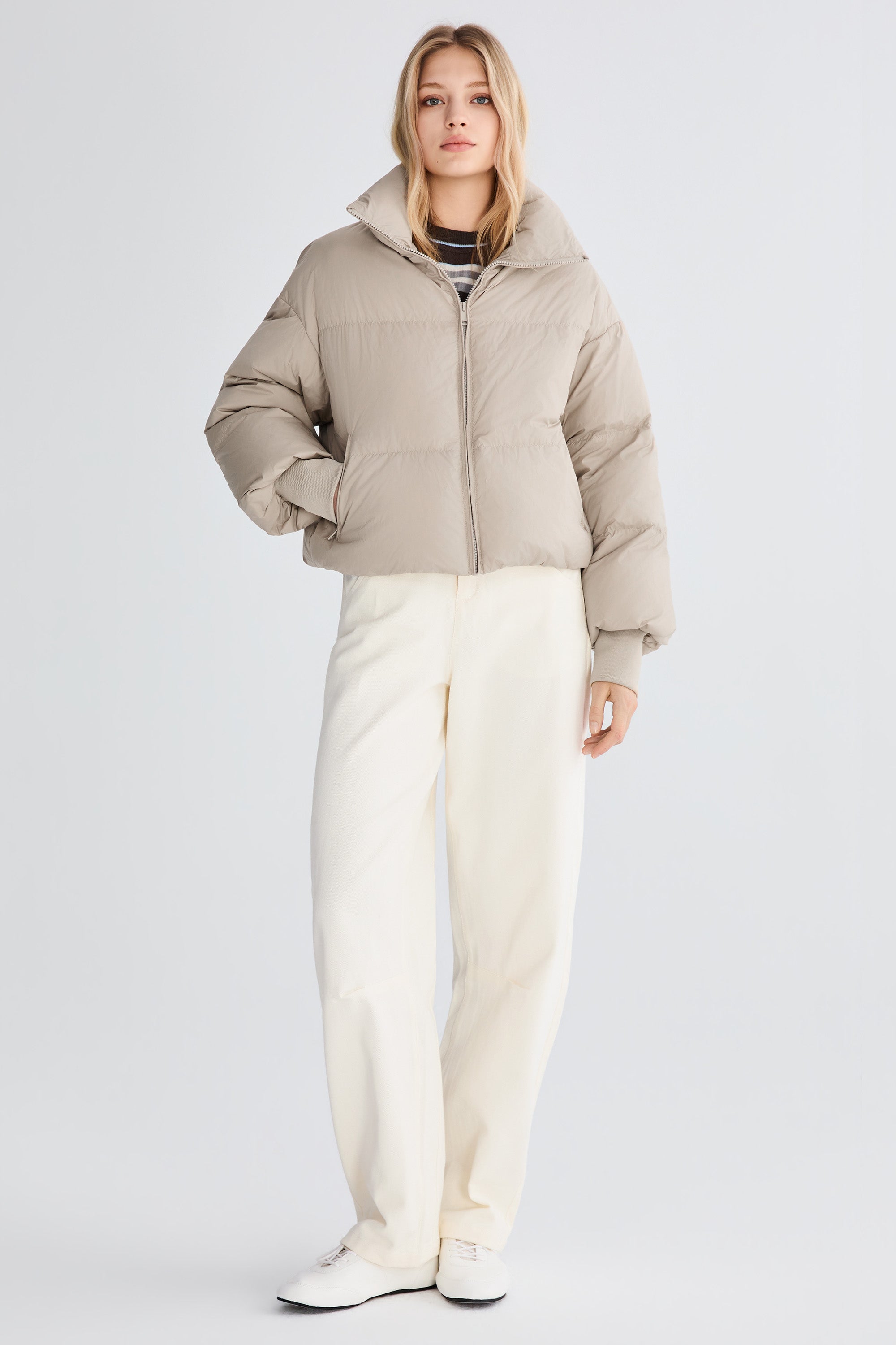 Down Coat-Orolay-Puff-O Classics Short Oversized Down Coat-#color_ Taupe