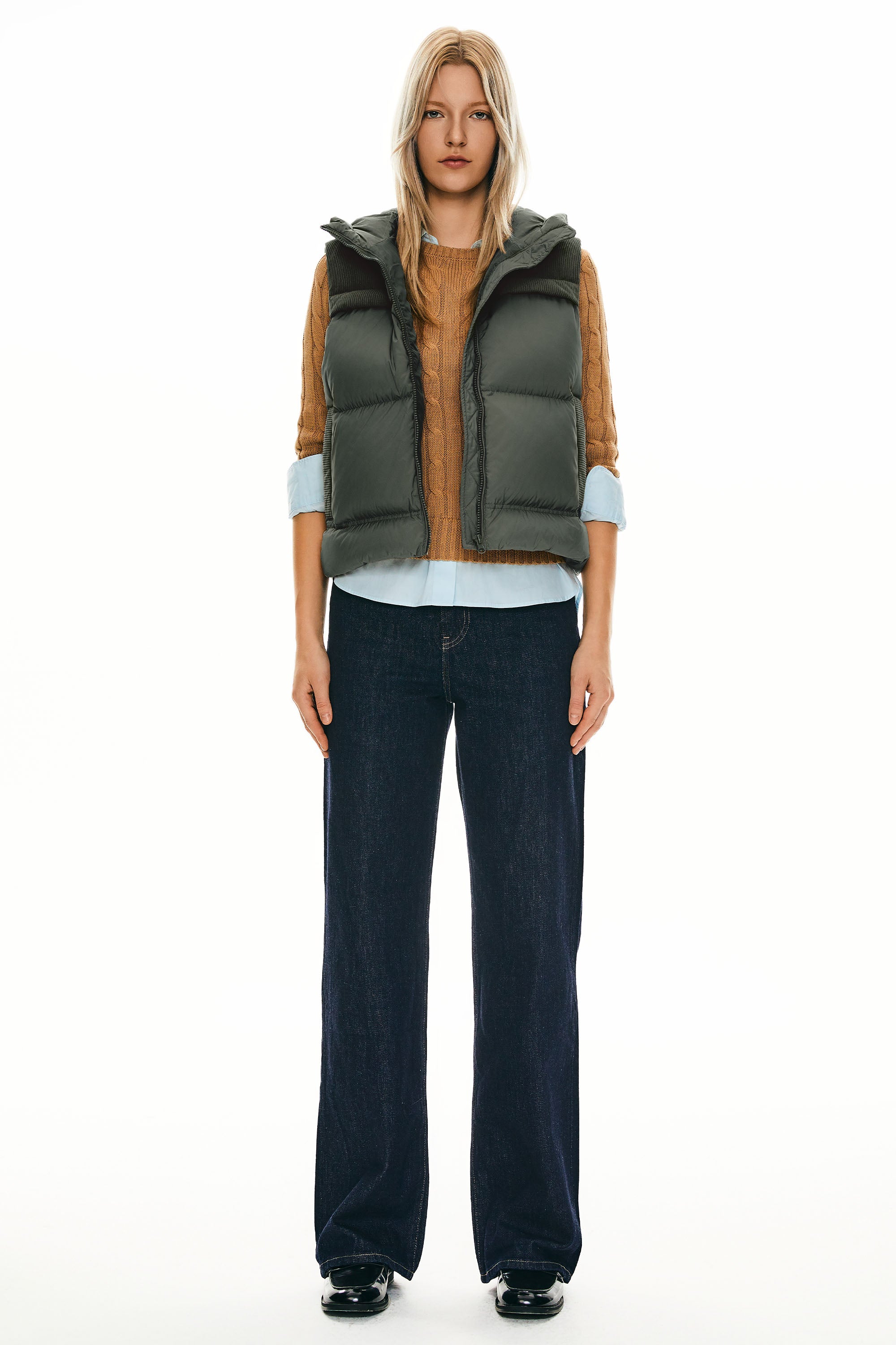 Orolay Hooded Puffer Down Vest Cropped Zip Up Lightweight #color_dark Green