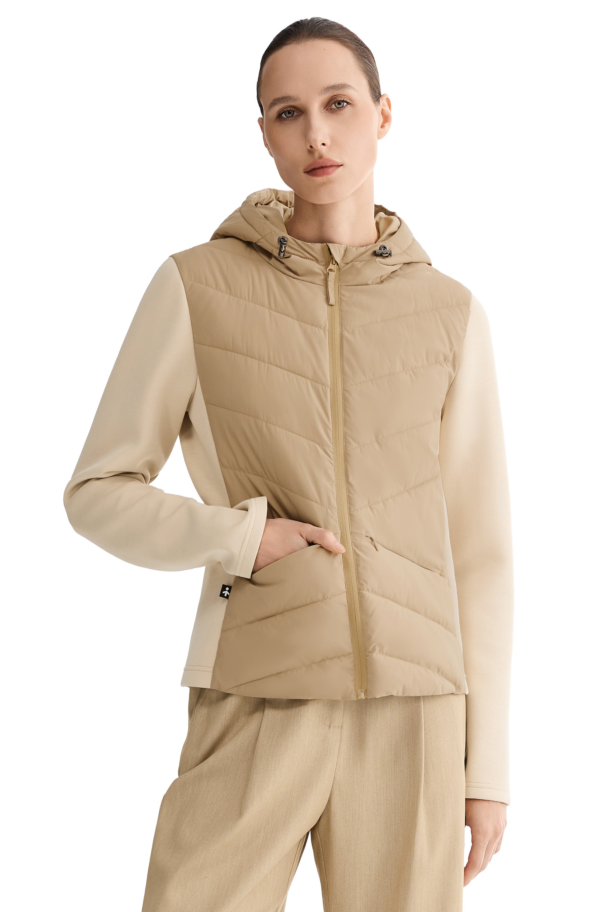 Structured Paneled Puffer Jacket with Hood #color_khaki
