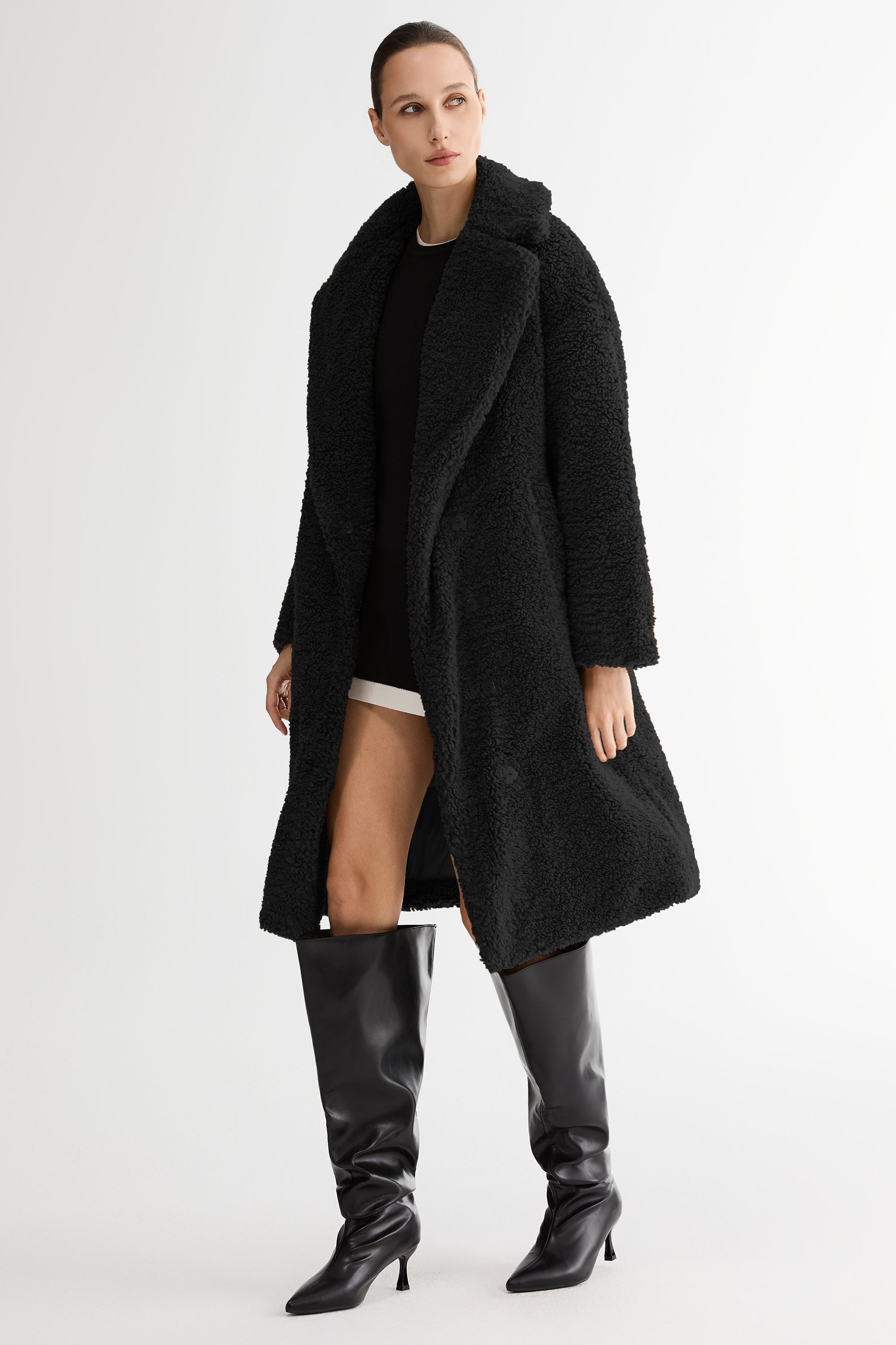 Orolay-Knee-Length Fleece Lapel Down Coat-#color_Black