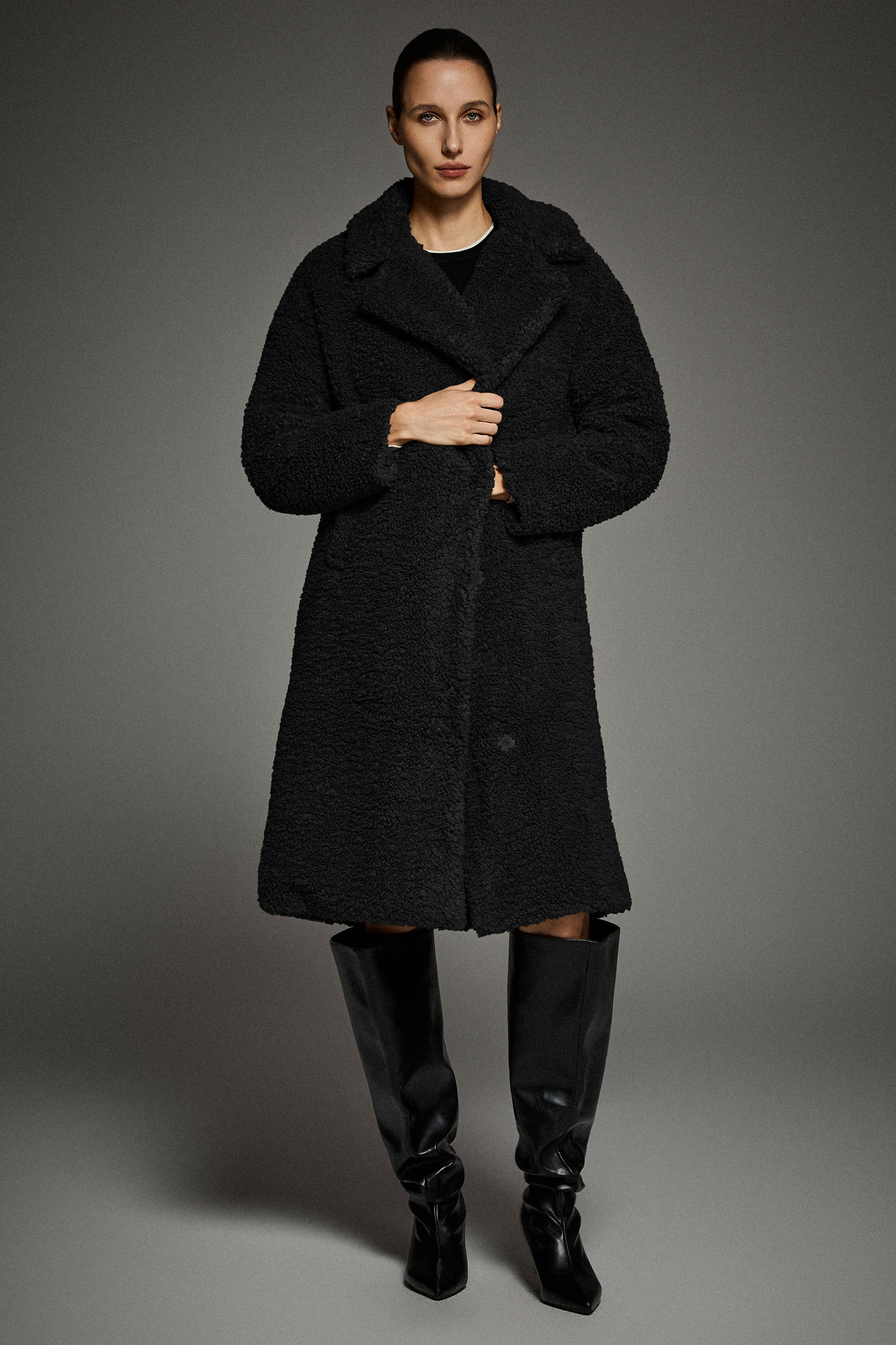 Orolay-Knee-Length Fleece Lapel Down Coat-#color_Black