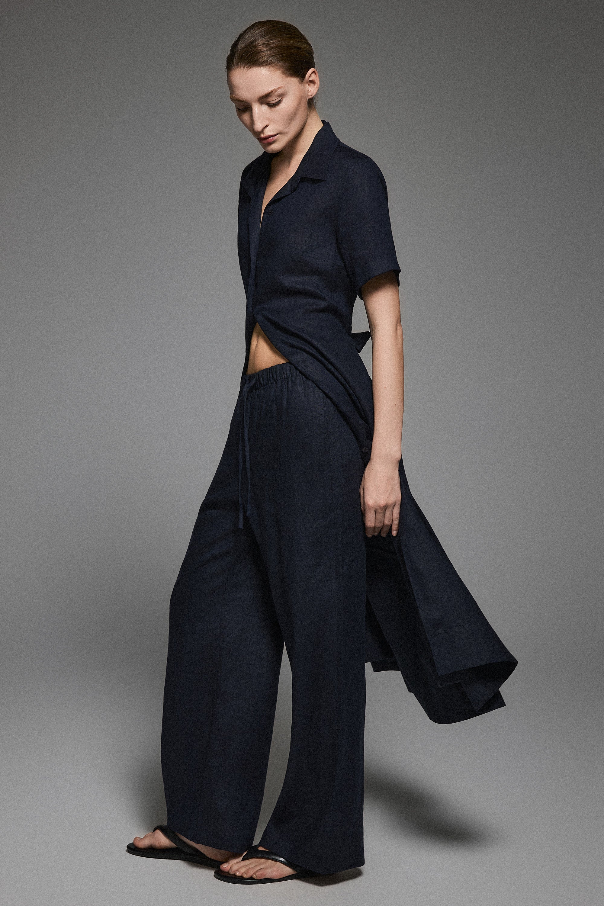 Oversized Linen Wide-Leg Drawstring Pants Orolay #color_Dark night navy