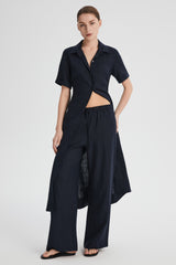 Oversized Linen Wide-Leg Drawstring Pants Orolay #color_Dark night navy