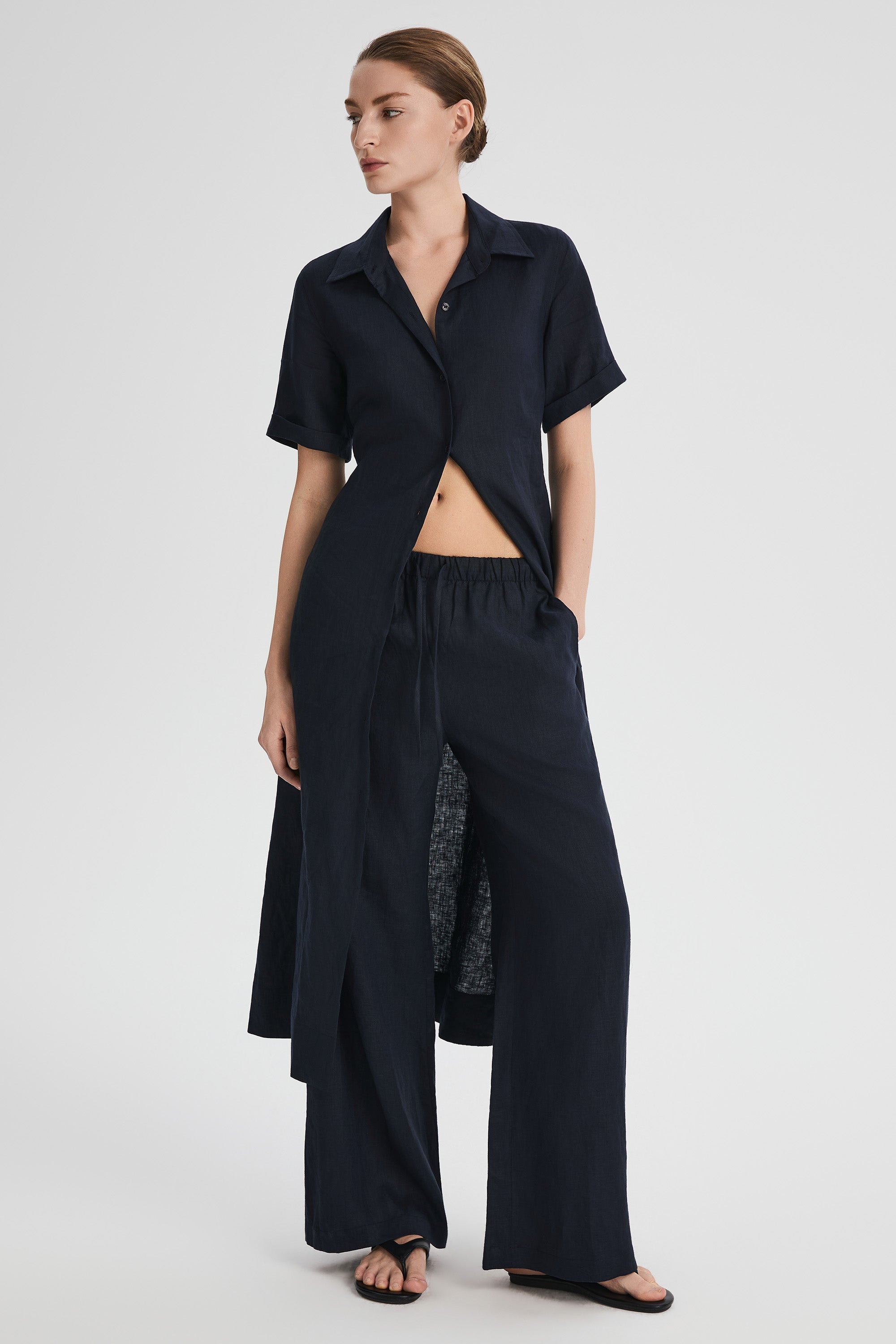 Oversized Linen Wide-Leg Drawstring Pants Orolay #color_Dark night navy