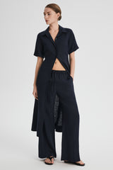 Oversized Linen Wide-Leg Drawstring Pants Orolay #color_Dark night navy