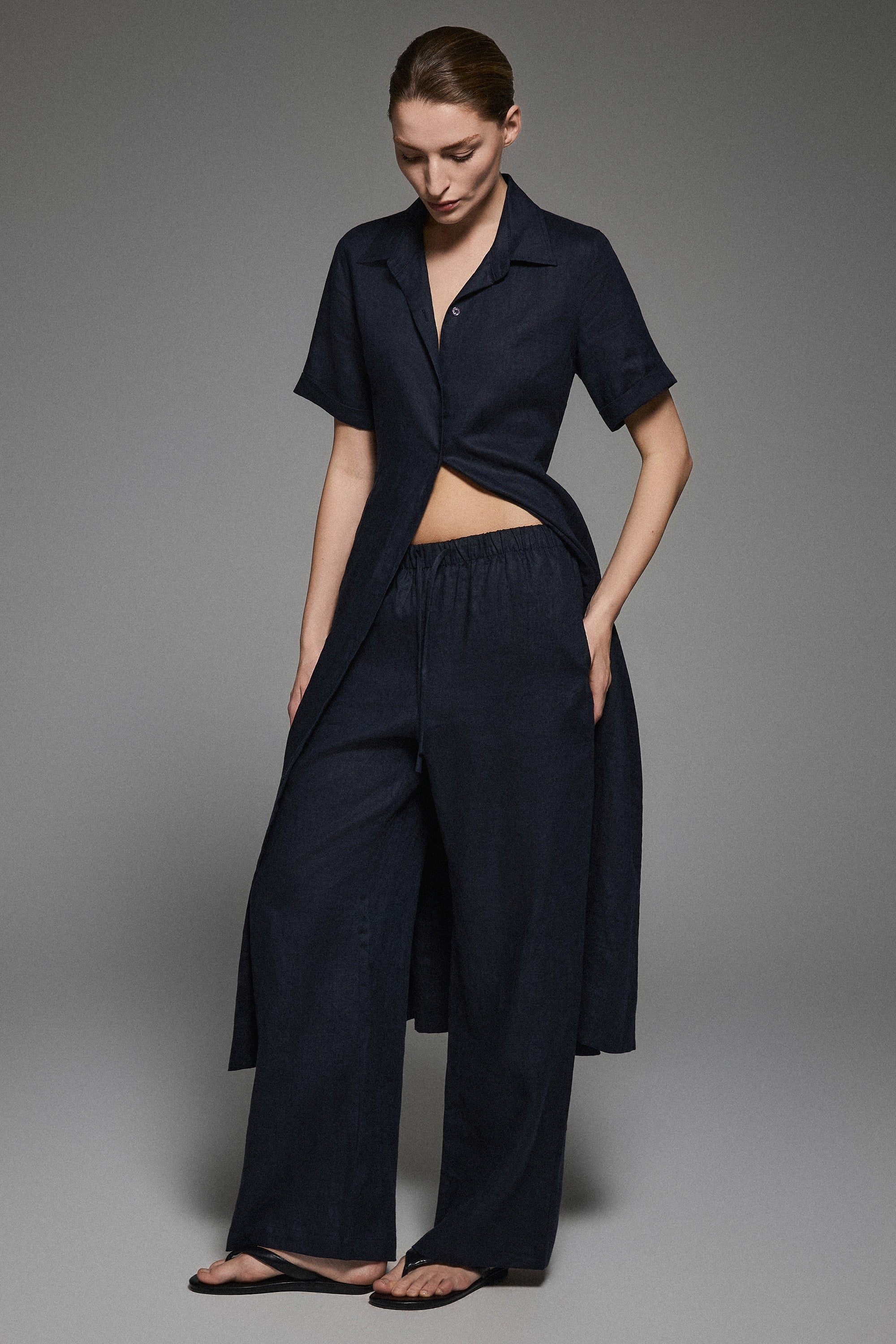 Oversized Linen Wide-Leg Drawstring Pants Orolay #color_Dark night navy