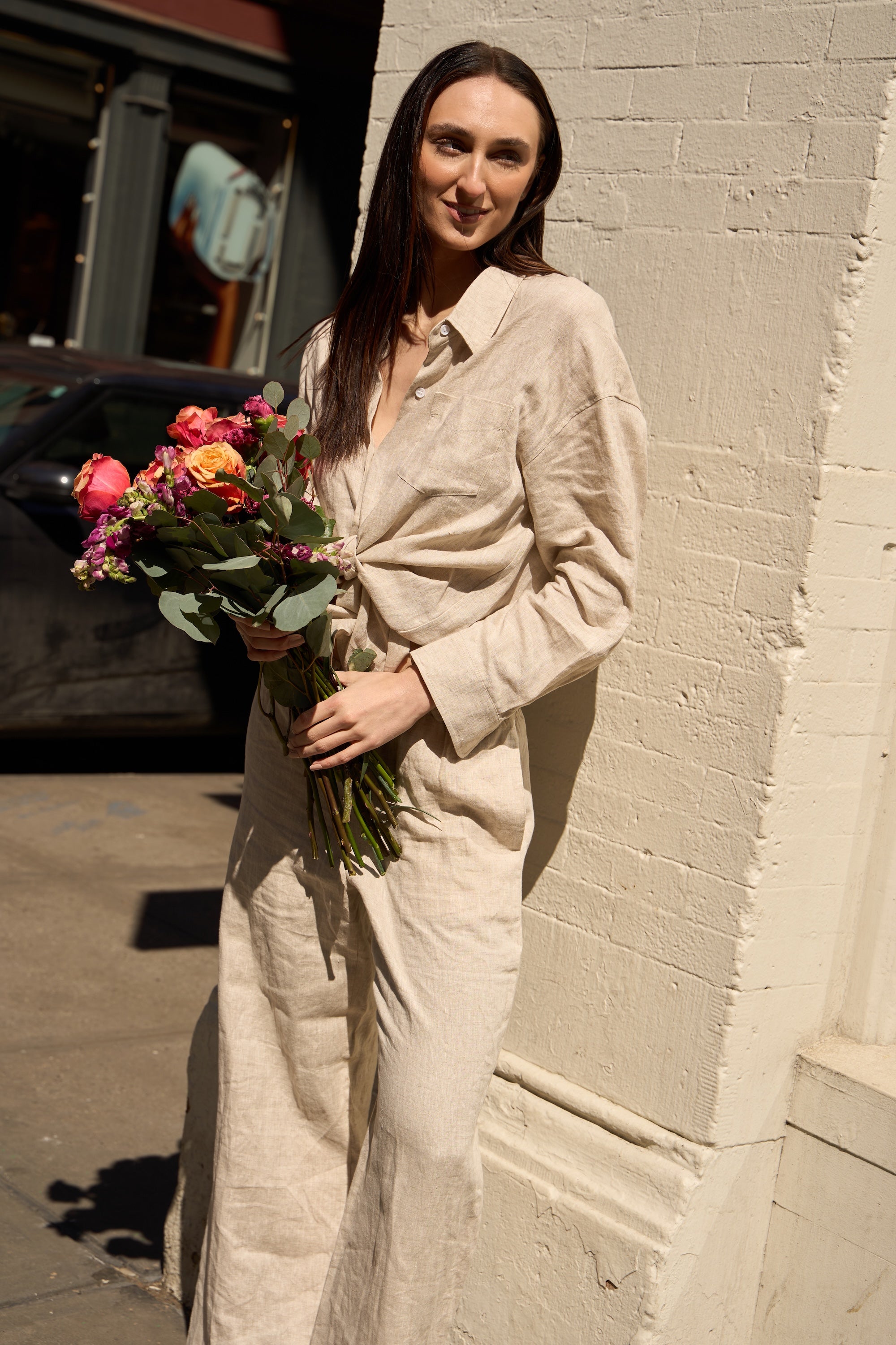 Oversized Linen Wide-Leg Drawstring Pants Orolay #color_Natural Ecru