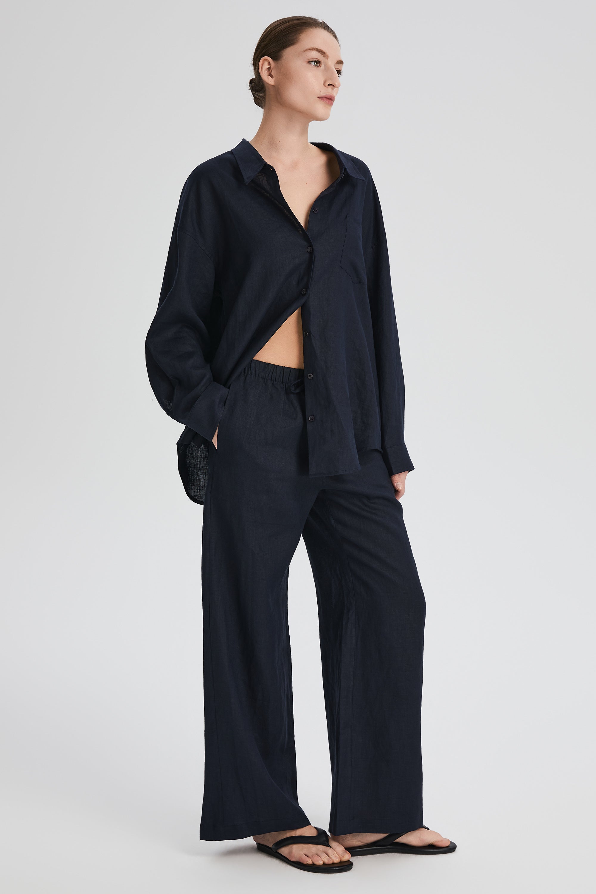 Oversized Linen Wide-Leg Drawstring Pants Orolay #color_Dark night navy