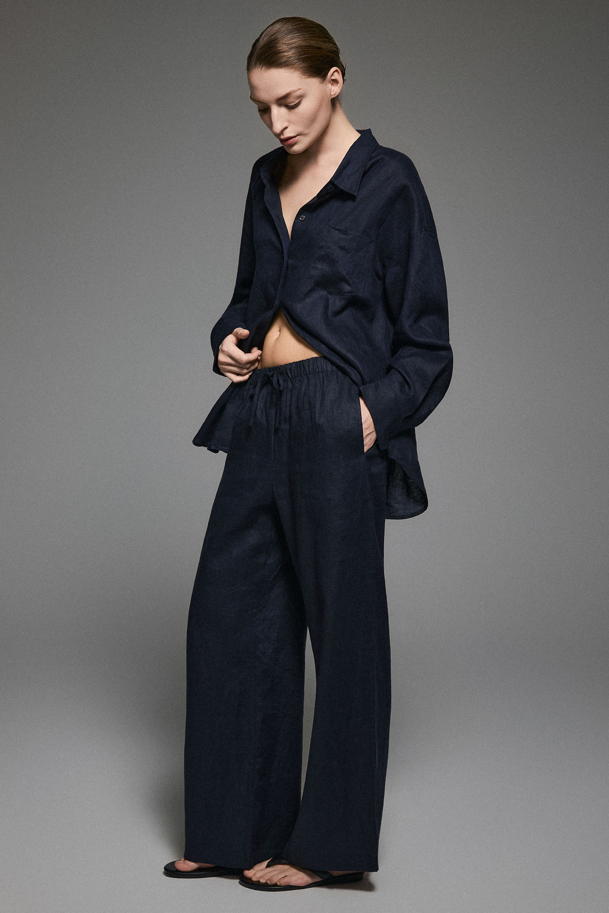Oversized Linen Button-Up Shirt #color_dark night navy