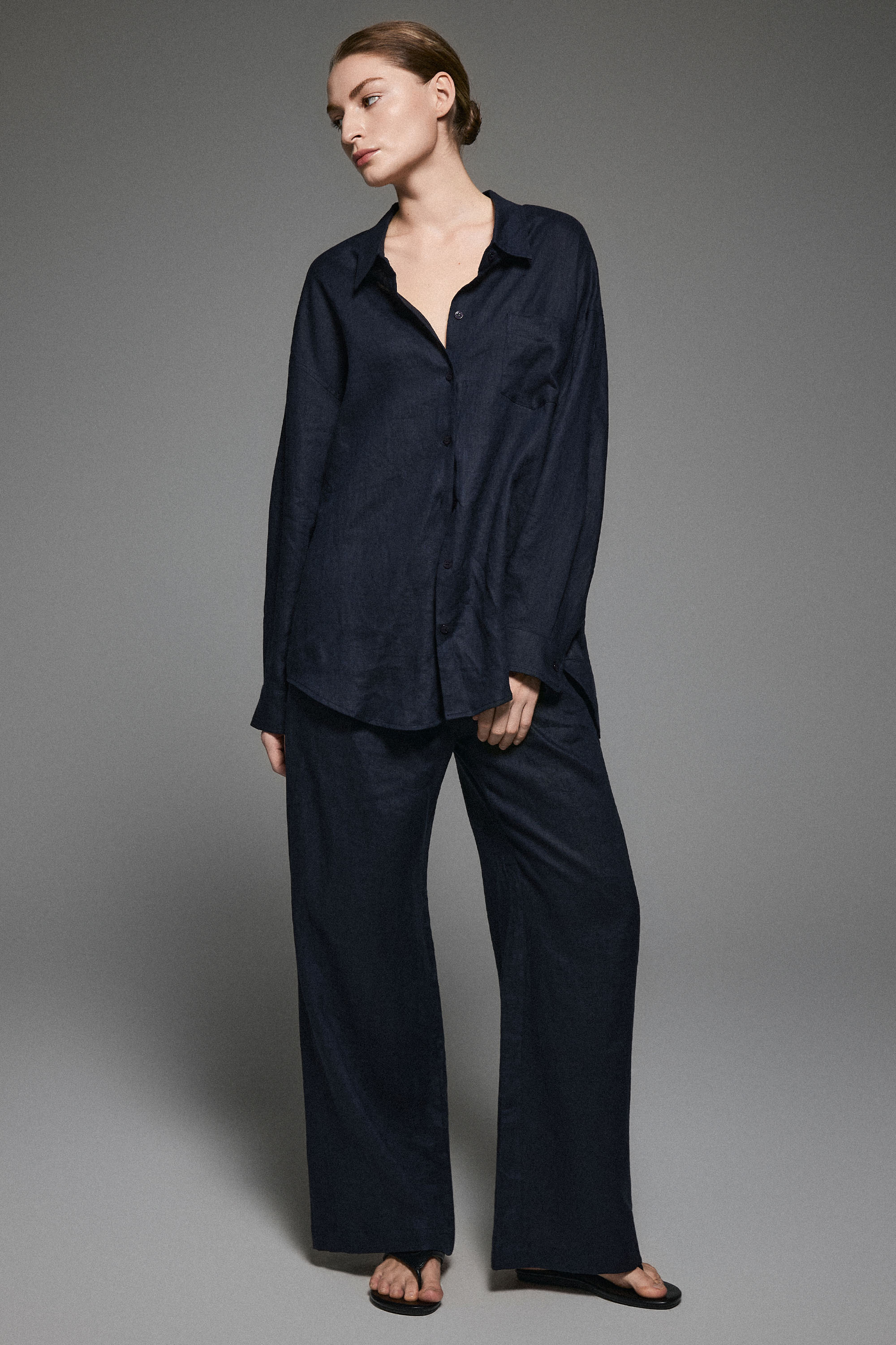Oversized Linen Button-Up Shirt #color_dark night navy