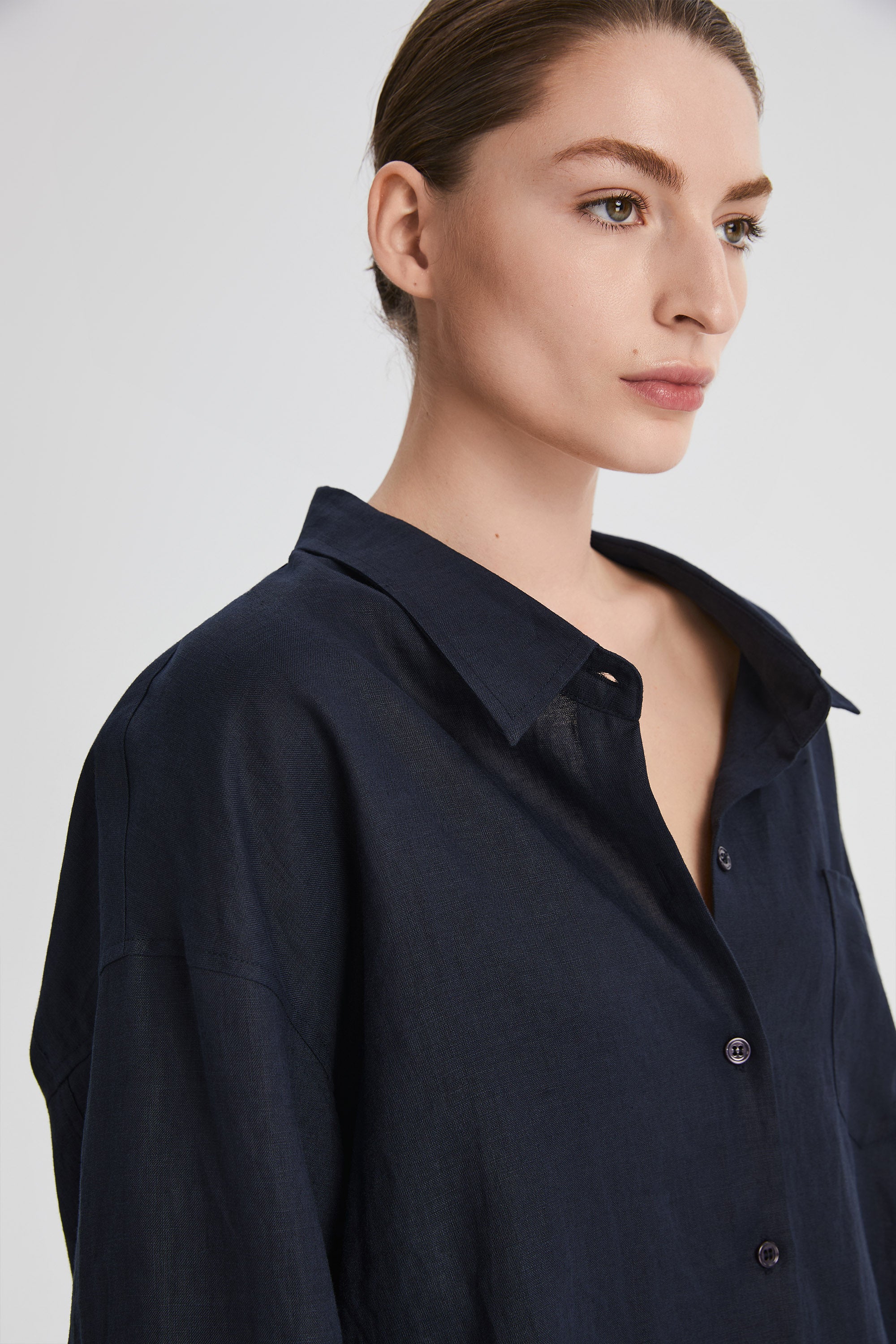 Oversized Linen Button-Up Shirt #color_dark night navy