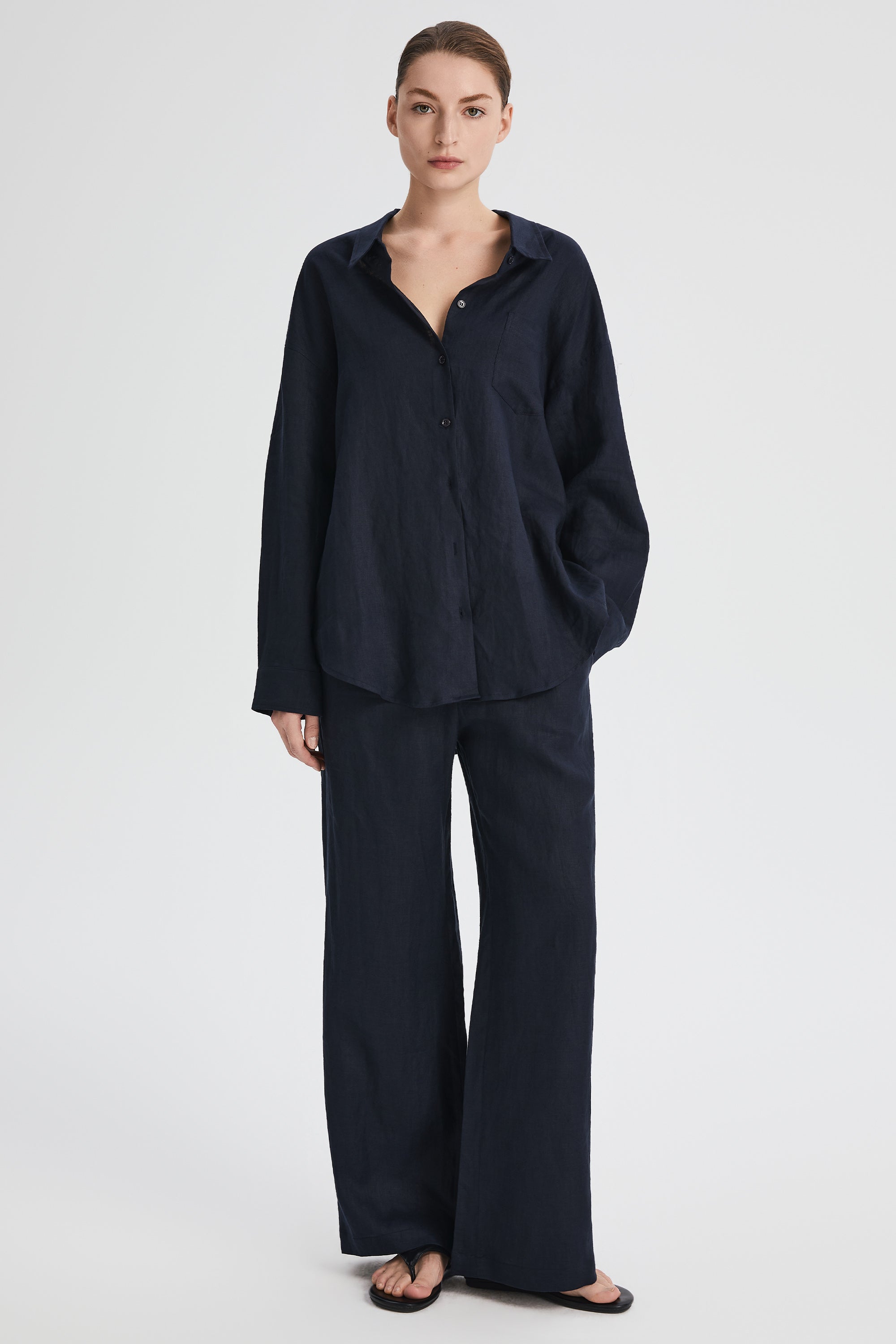 Oversized Linen Button-Up Shirt #color_dark night navy