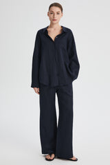 Oversized Linen Button-Up Shirt #color_dark night navy