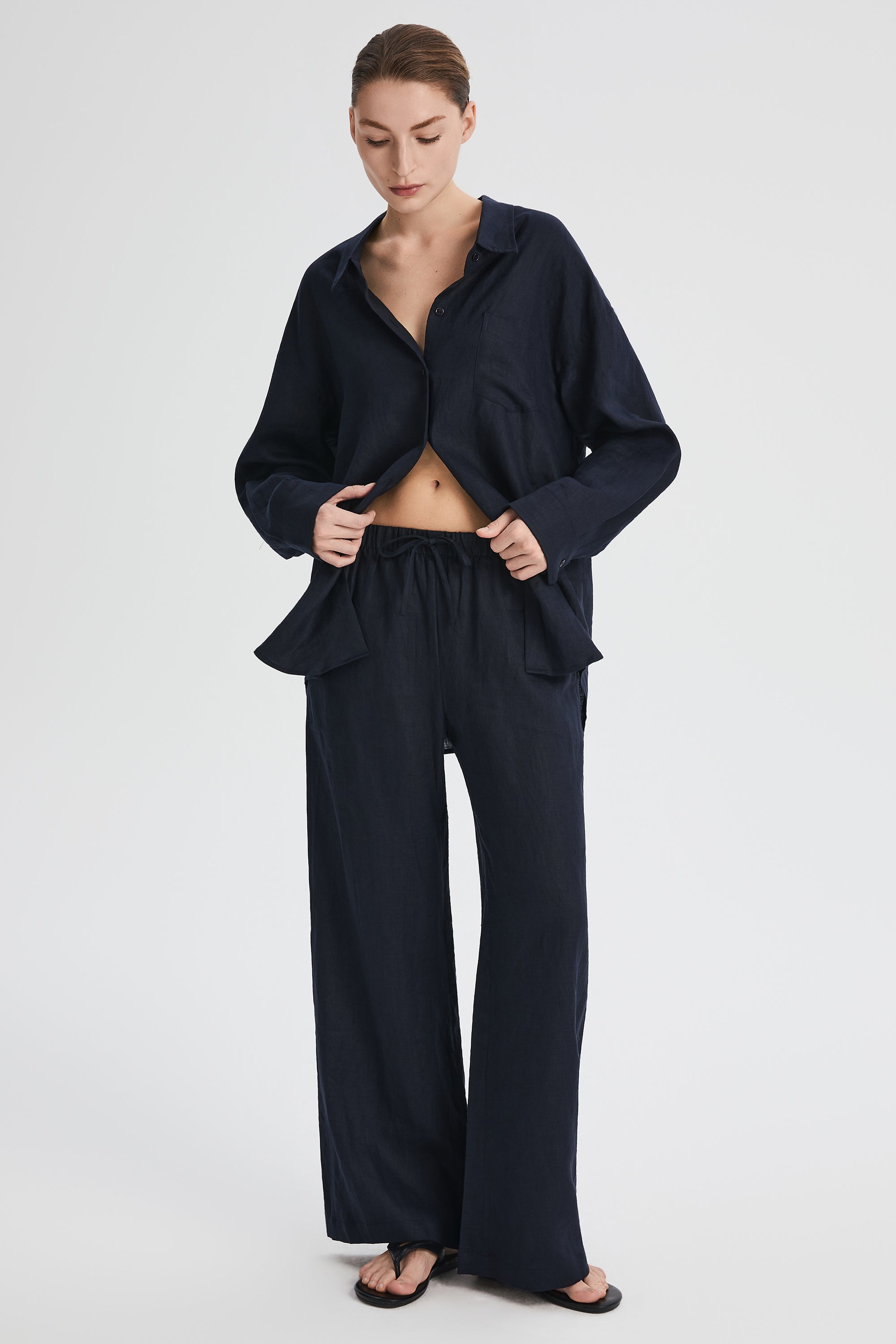 Oversized Linen Button-Up Shirt #color_dark night navy