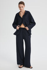 Oversized Linen Wide-Leg Drawstring Pants Orolay #color_Dark night navy