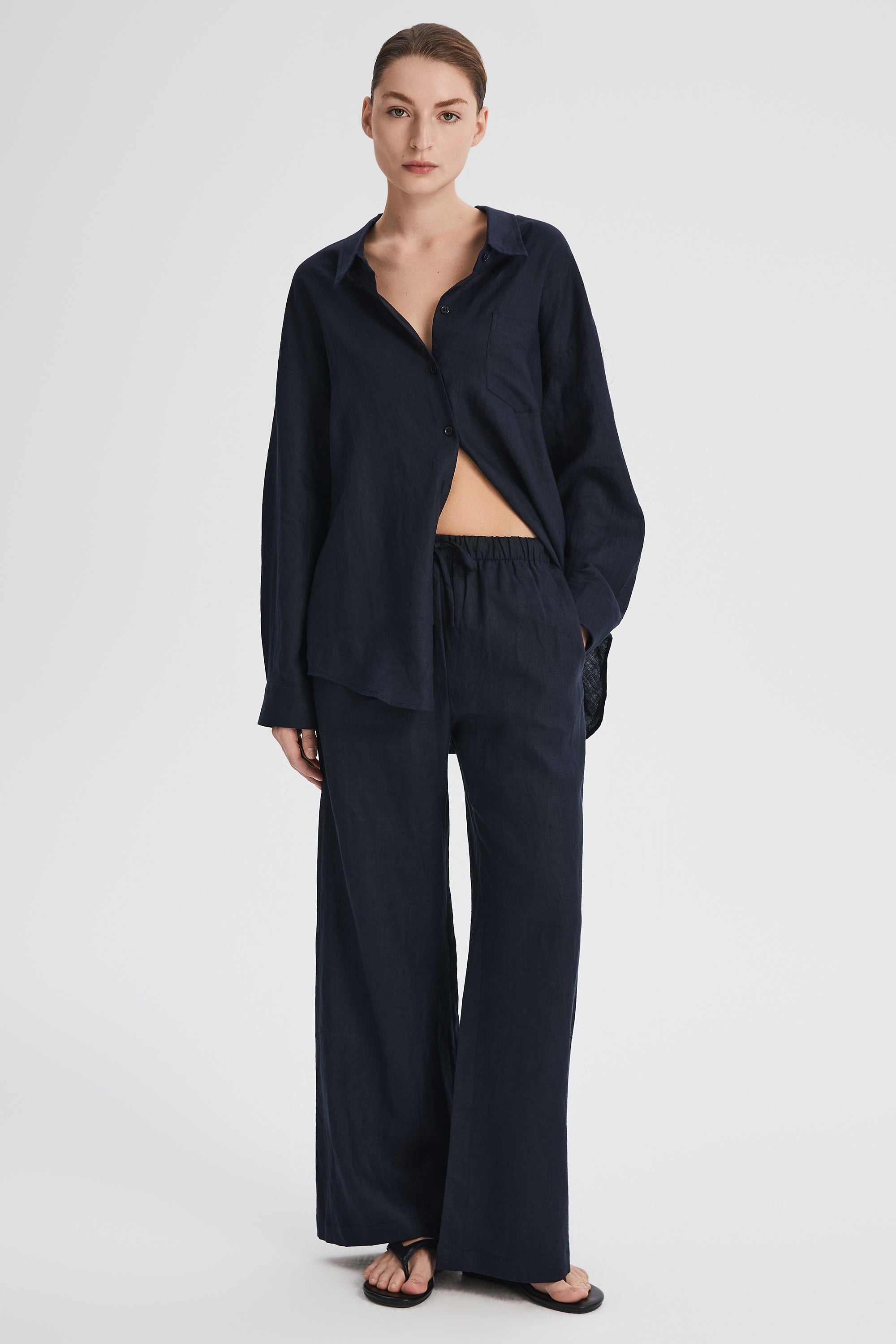 Oversized Linen Wide-Leg Drawstring Pants Orolay #color_Dark night navy