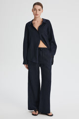 Oversized Linen Wide-Leg Drawstring Pants Orolay #color_Dark night navy