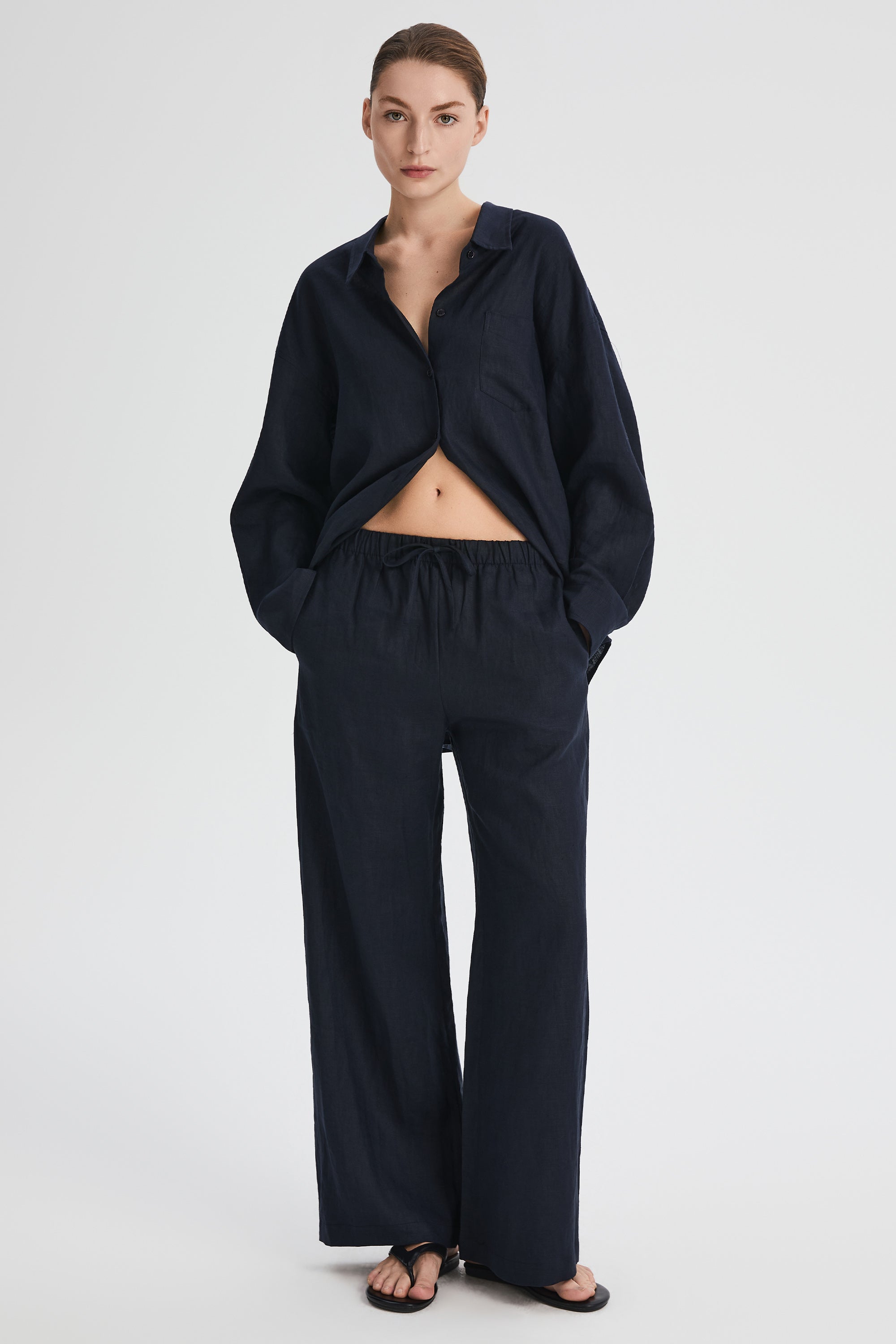 Oversized Linen Button-Up Shirt #color_dark night navy