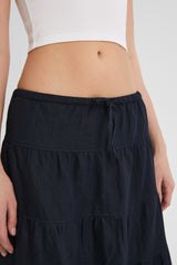 Orolay Bouquet Linen Skirt #Color_Dark night navy