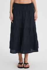 Orolay Bouquet Linen Skirt #Color_Dark night navy