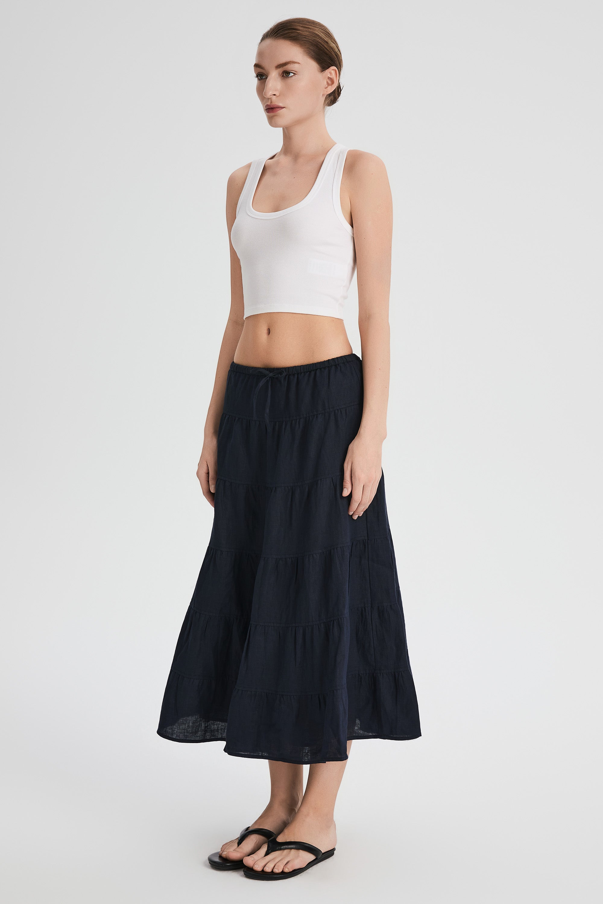 Orolay Bouquet Linen Skirt #Color_Dark night navy