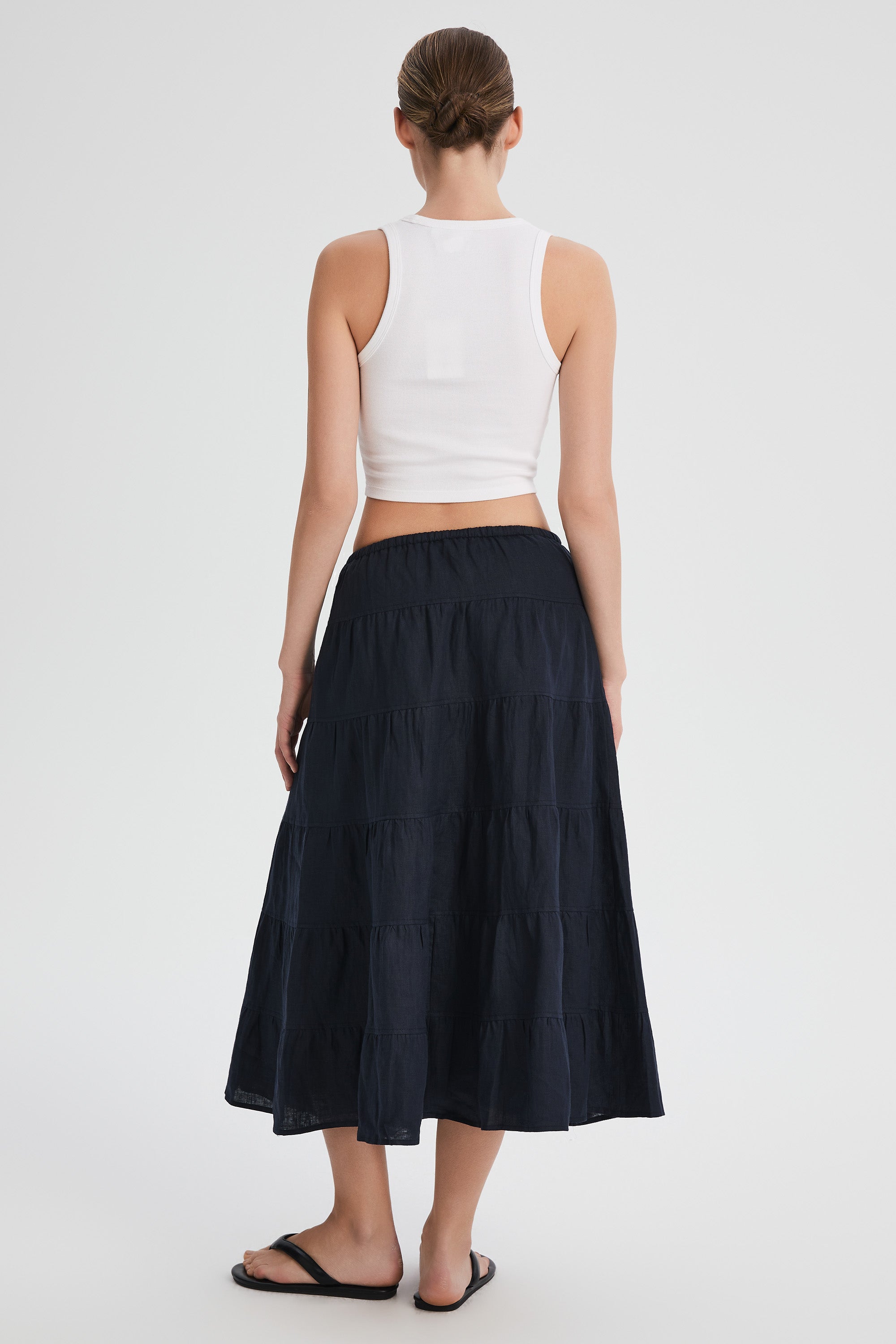 Orolay Bouquet Linen Skirt #Color_Dark night navy
