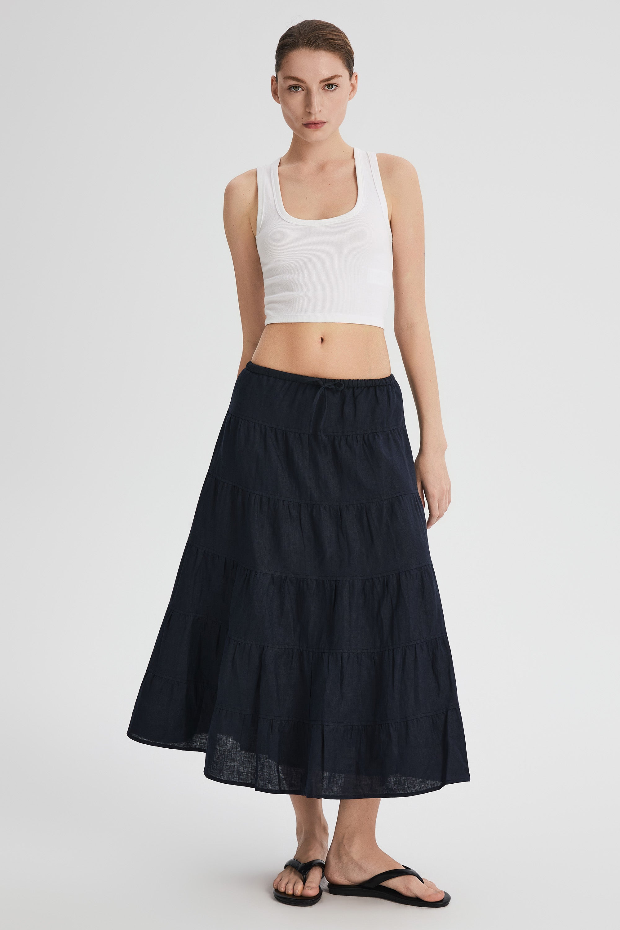 Orolay Bouquet Linen Skirt #Color_Dark night navy