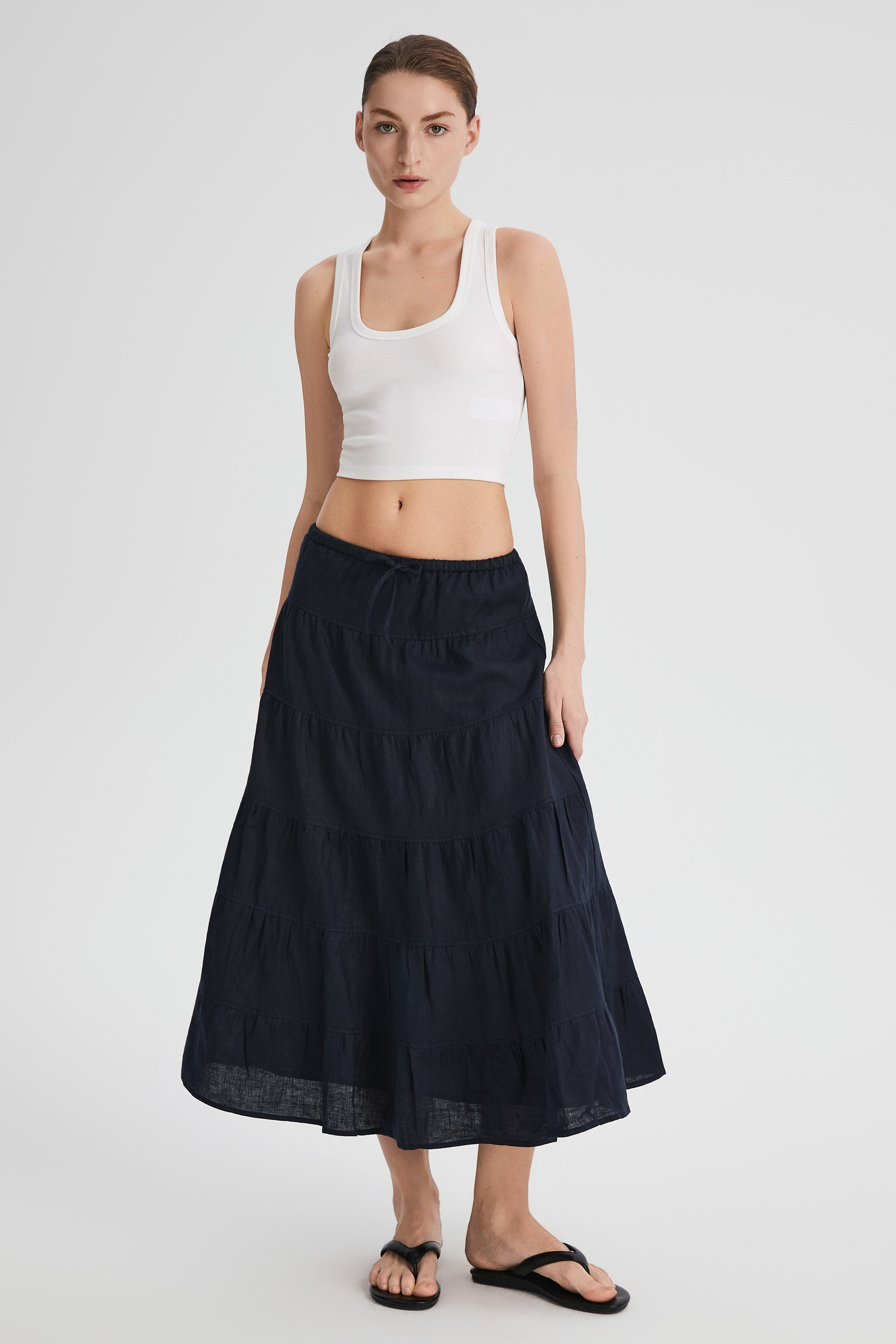 Orolay Bouquet Linen Skirt #Color_Dark night navy