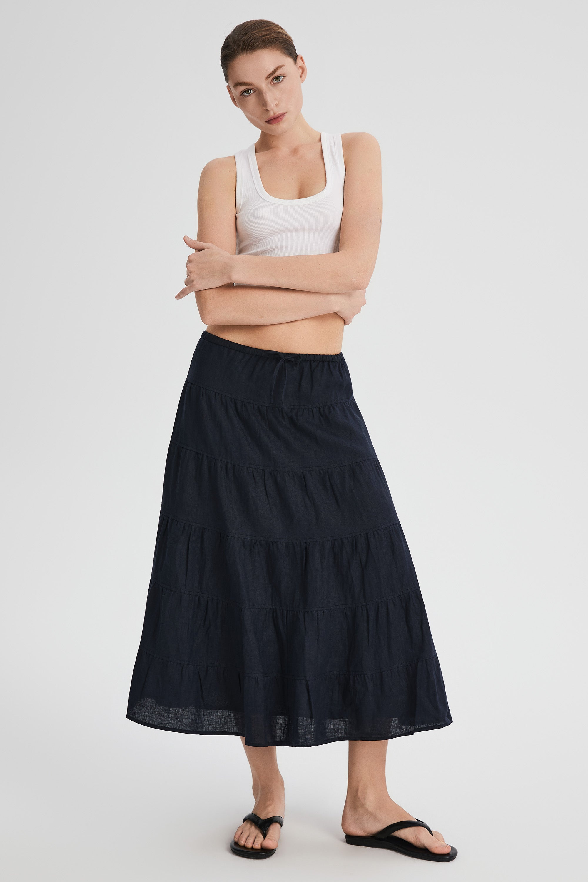 Orolay Bouquet Linen Skirt #Color_Dark night navy