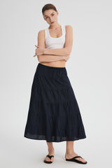 Orolay Bouquet Linen Skirt #Color_Dark night navy