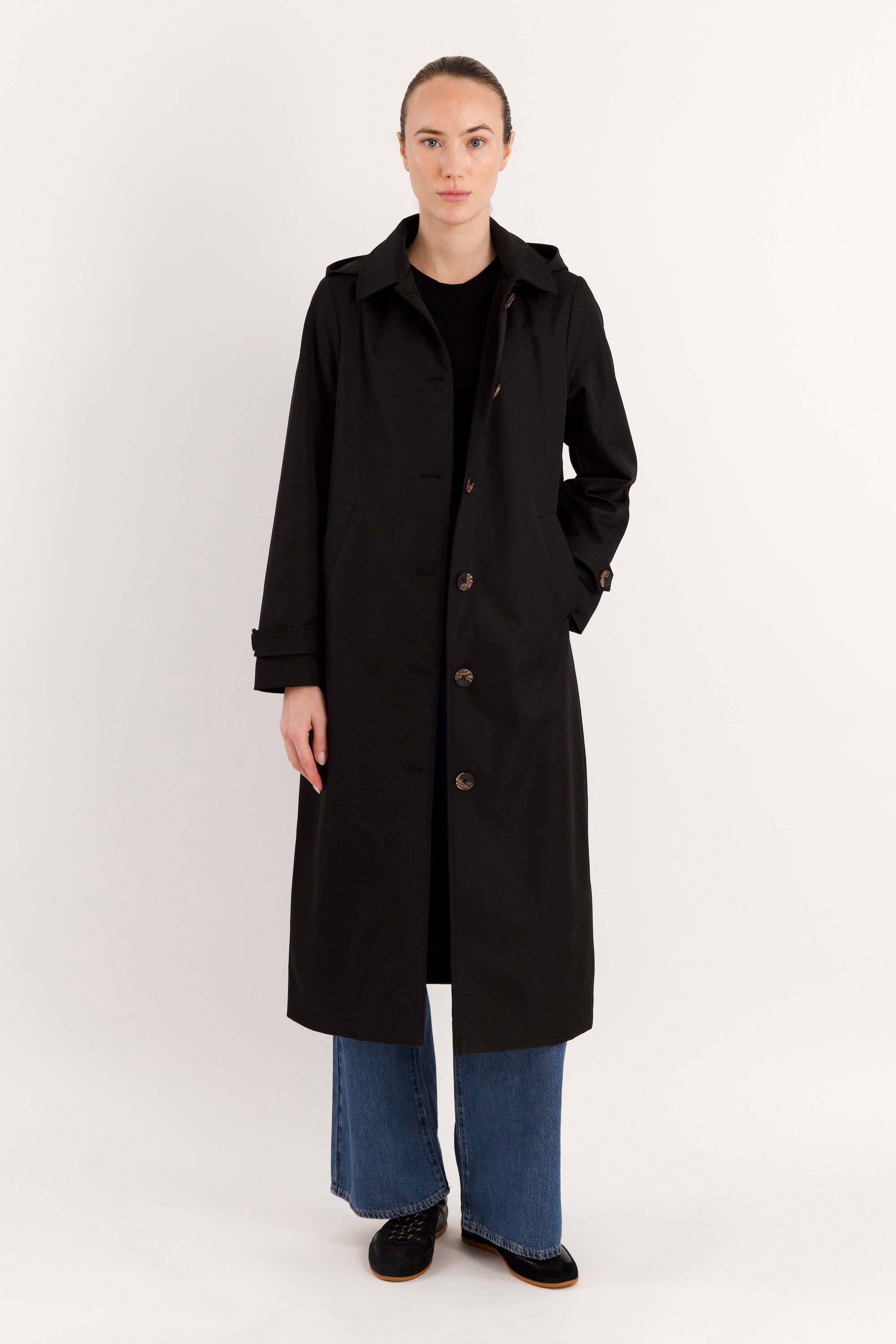Long Single-Breasted Trench Coat #color_black