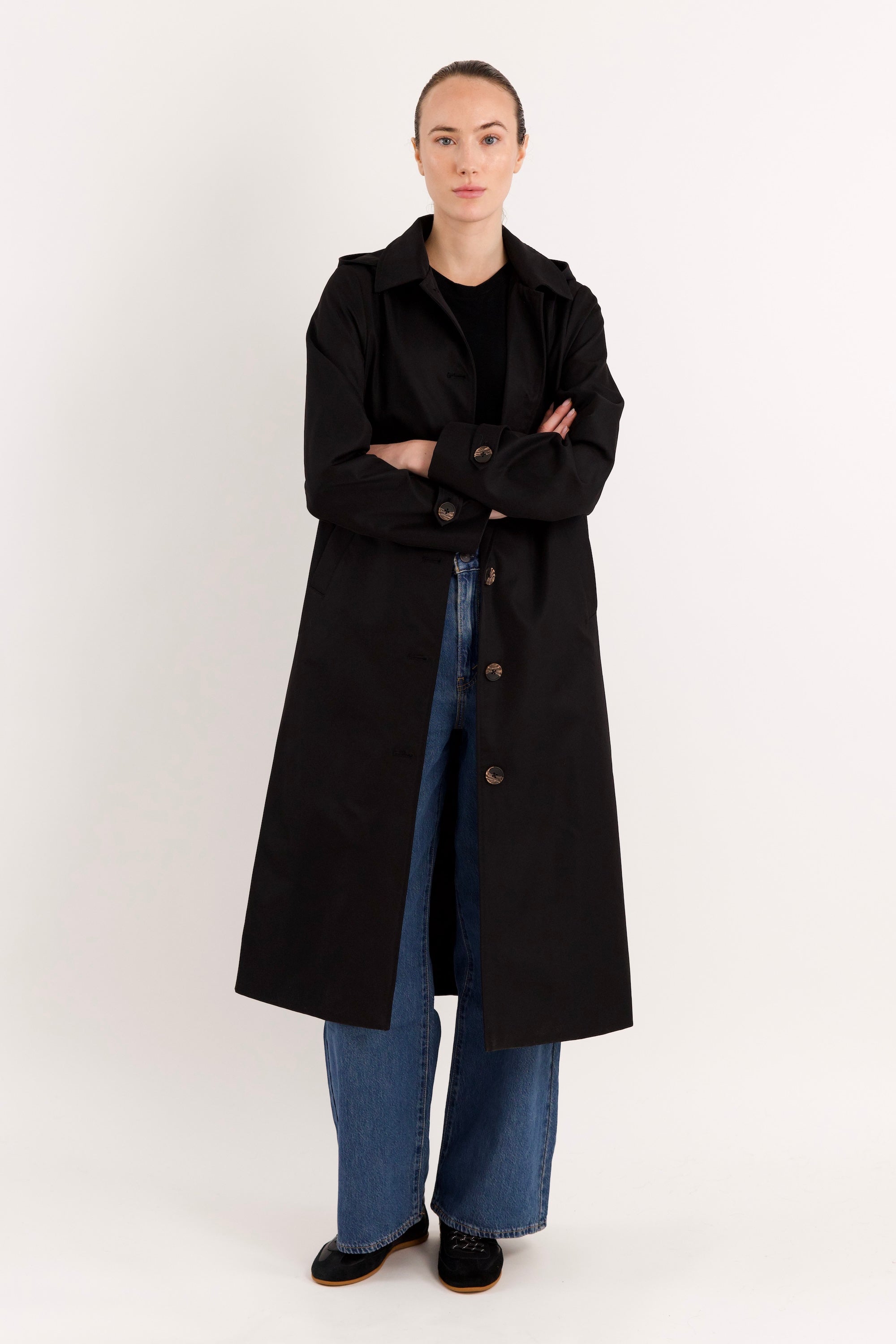 Long Single-Breasted Trench Coat #color_black
