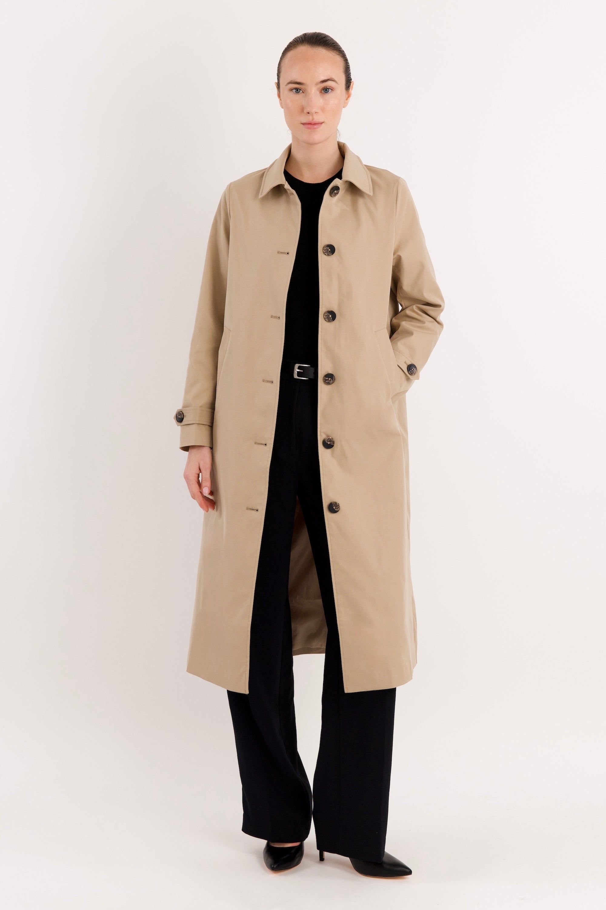 Long Single-Breasted Trench Coat #color_Frosted Almond