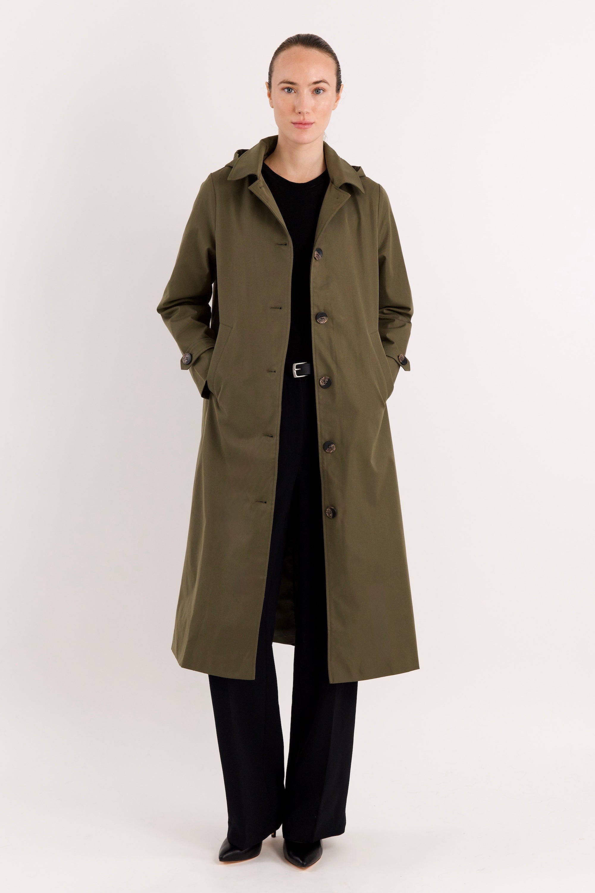 Long Single-Breasted Trench Coat #color_olive
