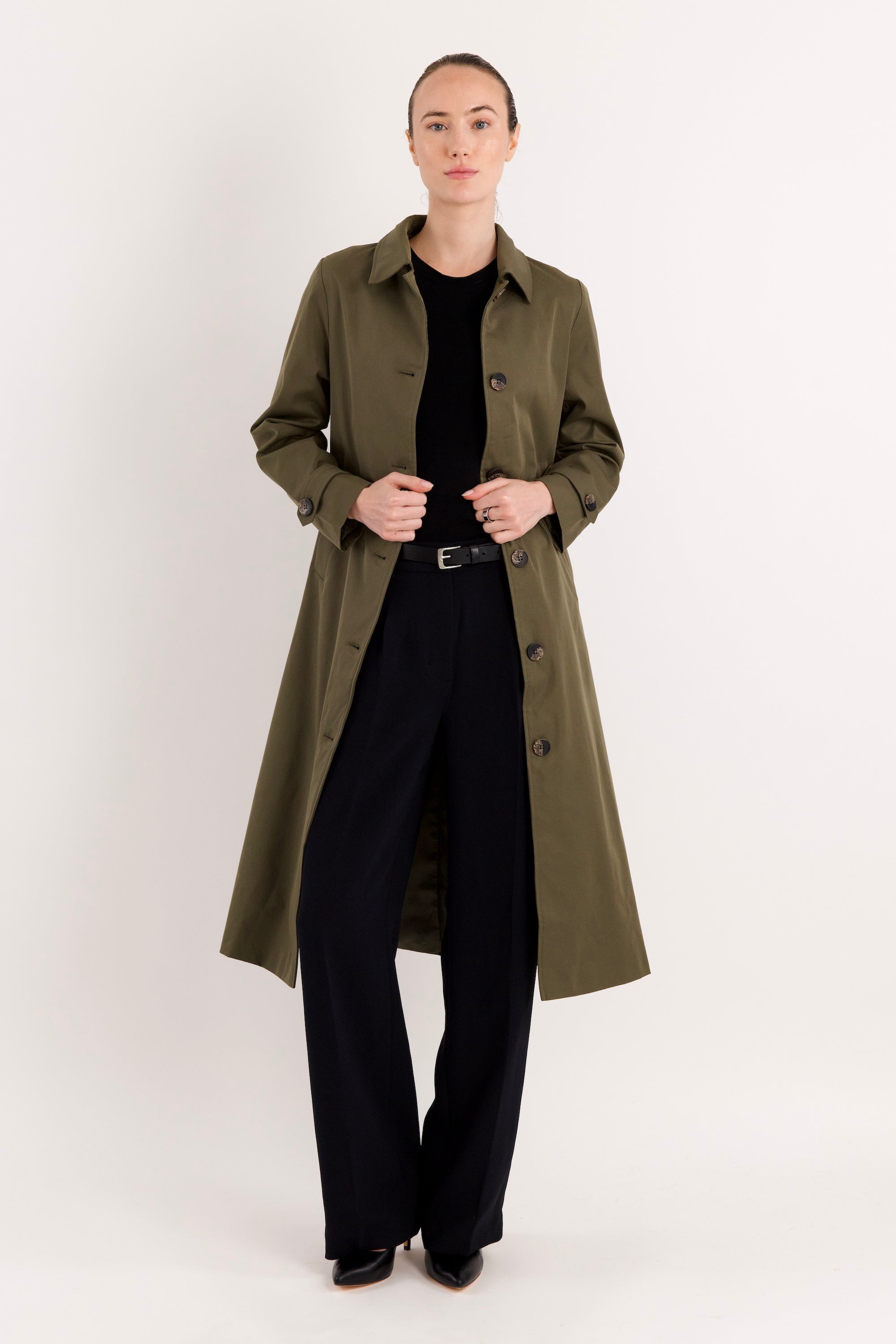 Long Single-Breasted Trench Coat #color_olive