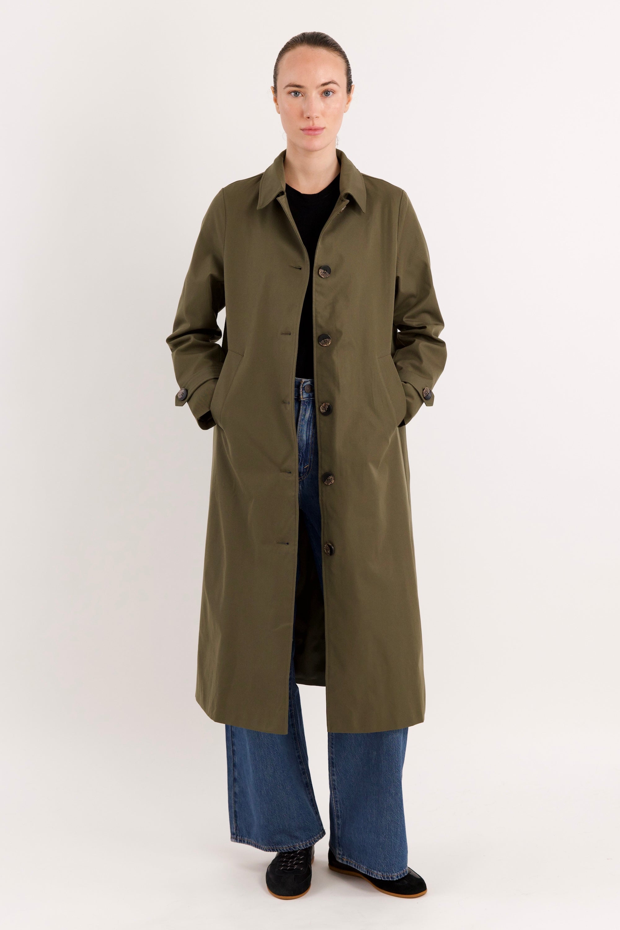 Long Single-Breasted Trench Coat #color_olive