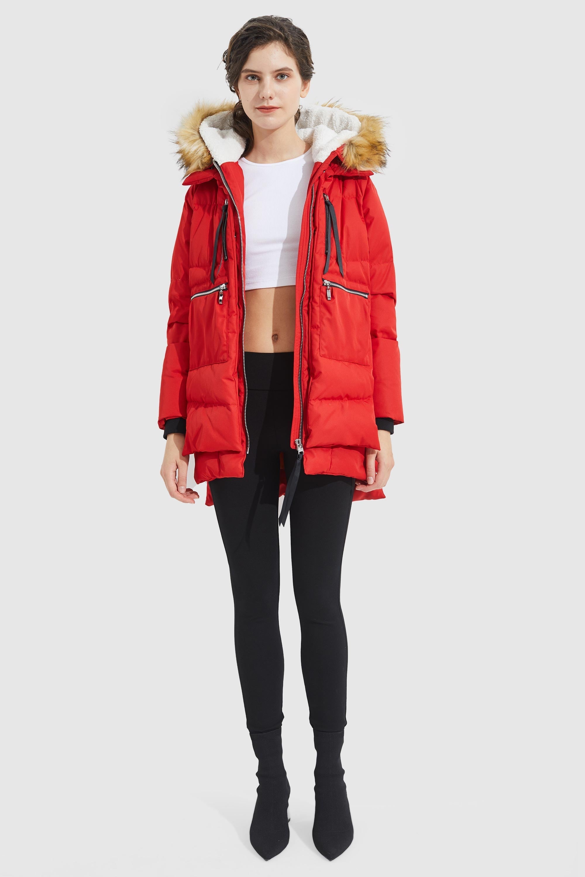 Orolay-092 Classics Thickened Down Jacket with Faux Fur Hood-Orolay 092 Classics Thickened Down Jacket with Faux Fur Hood women #color_Fiery Red