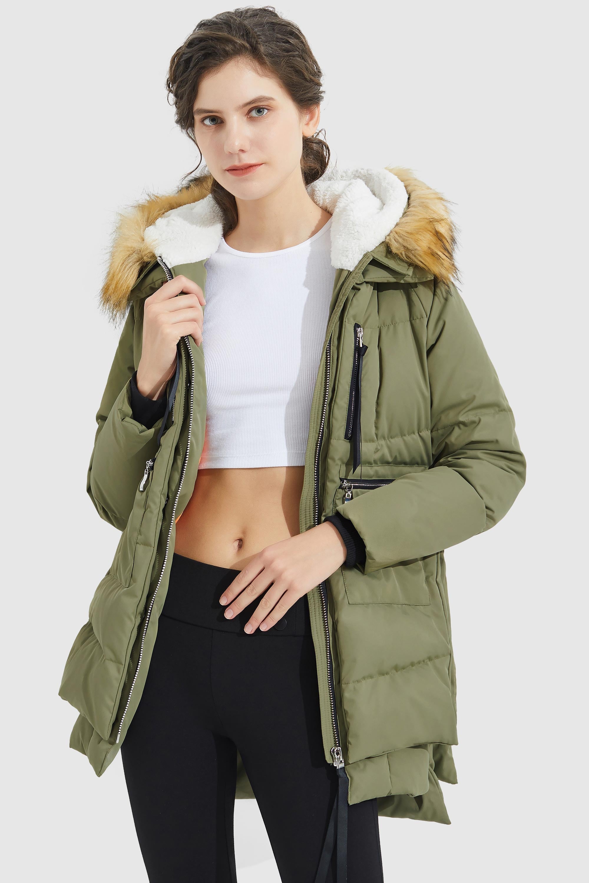 Orolay-092 Classics Thickened Down Jacket with Faux Fur Hood-Orolay 092 Classics Thickened Down Jacket with Faux Fur Hood women #color_Peat Moss