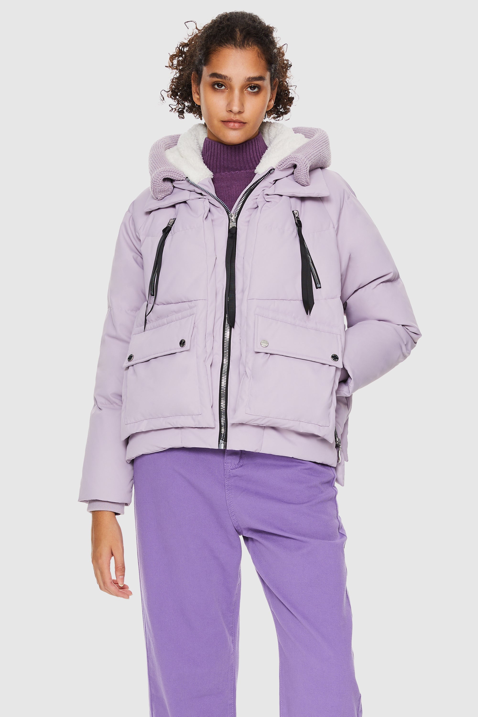 Orolay-092 Colorlay Knitted Brim Hooded Down Coat-#color_Light Purple