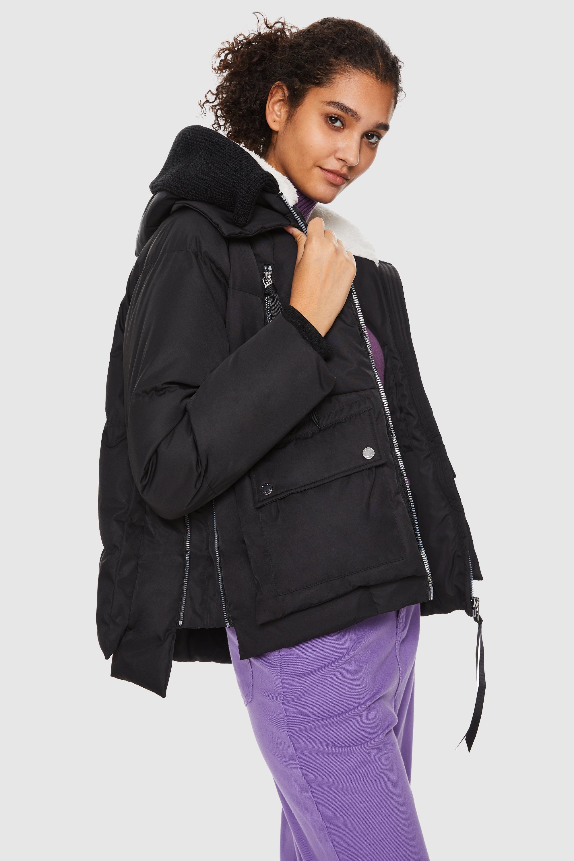 Orolay-092 Colorlay Knitted Brim Hooded Down Coat-#color_Black